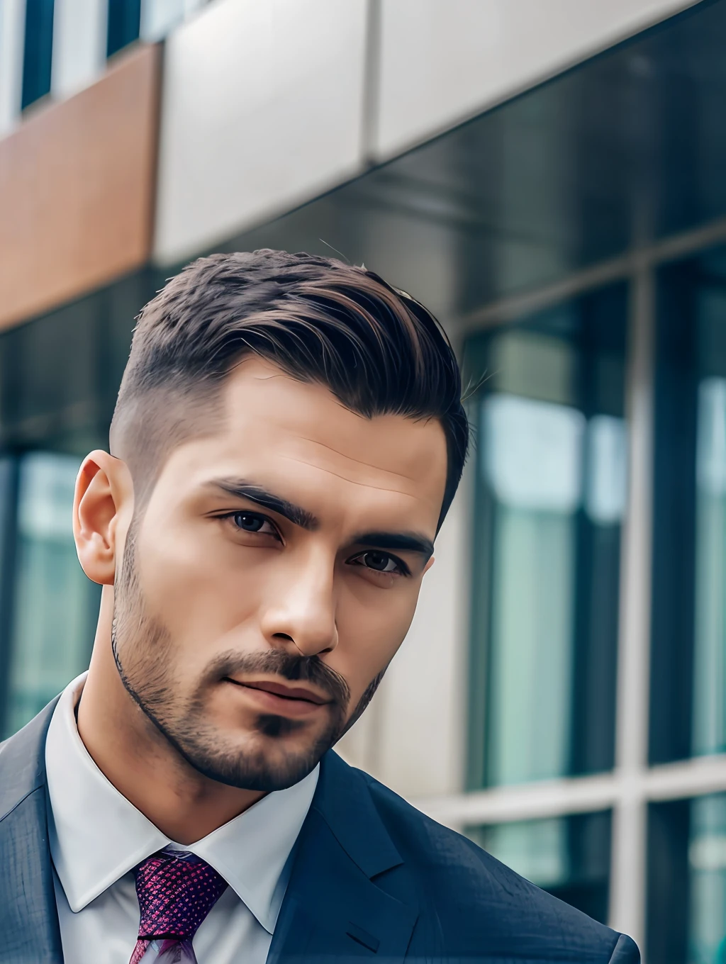 tmasterpiece, High-quality photo of a man in a suit and tie, standing in front of the building, photo by James Baines,High facial detail, A detailed eye, An open look, close - up, Popular on Pexels, A new objectivity, Stock Photo, The Sabatier Effect.