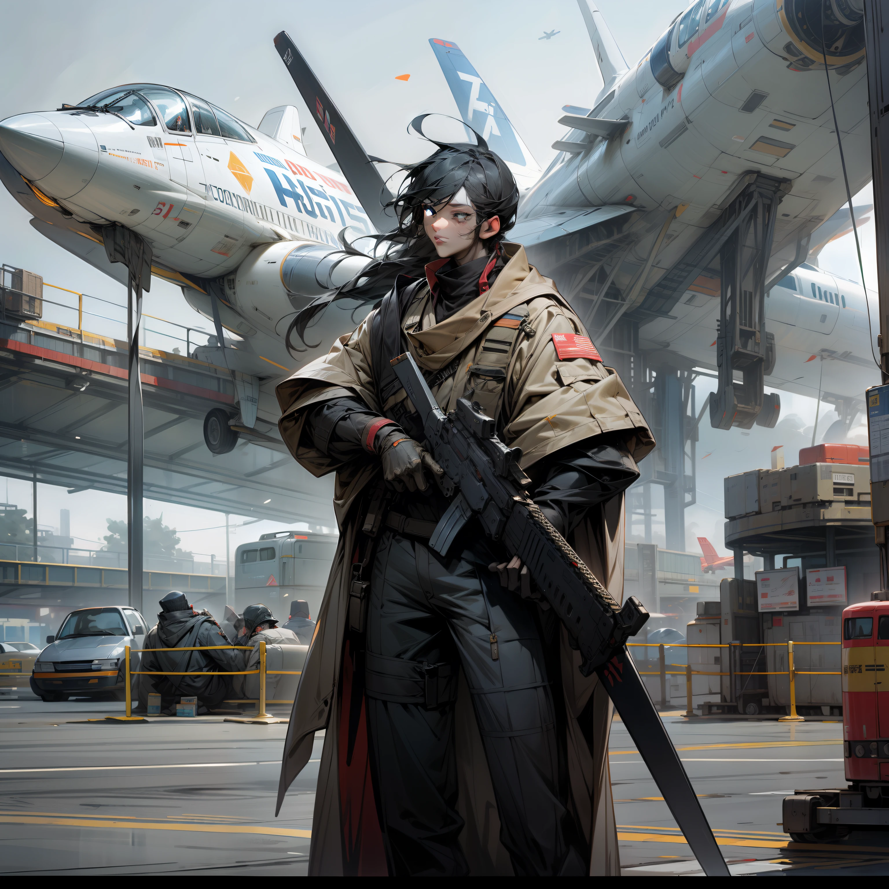 A vigilant soldier shouting, holding a heavy weapon, surrounded by closed airport gates, military aircraft parked on the airport, hundreds of aircraft flying in the sky, the entire airport is locked down, by Manhua --niji 5 --auto
