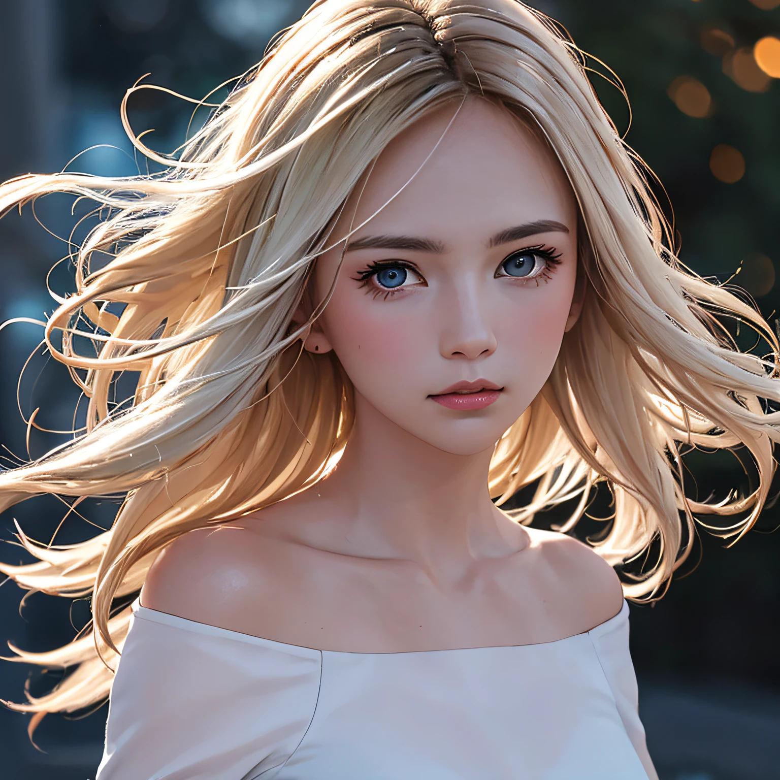 (8K, RAW Photos, of the highest quality, Masterpieces: 1.2), (Realistic, Photorealistic: 1.37), Highest Quality, Ultra High Resolution, light leaks, Dynamic lighting, Slim and smooth skin, (Full body:1.3), (Soft Saturation: 1.6), (Fair skin: 1.2), (Glossy skin: 1.1), Oiled skin, 22 years old, Night, shiny white blonde, Well-formed, Hair fluttering in the wind, Close-up shot of face only, Physically Based Rendering, From multiple angles, Shy