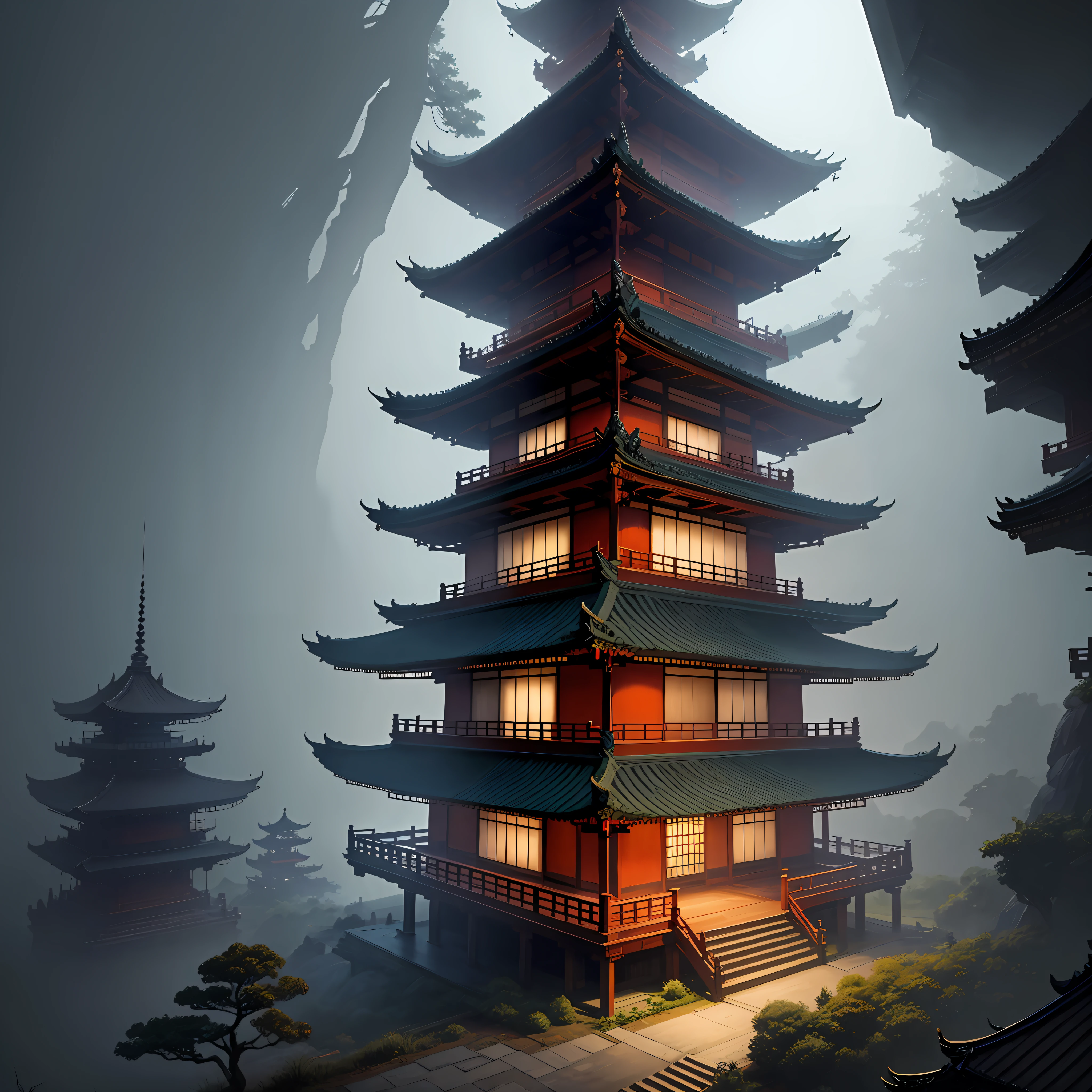 there is a painting of a pagoda in the middle of a forest, digital painting of a pagoda, inspired by Andreas Rocha, cyberpunk japanese temple, andreas rocha style, a mystical temple, Zen temple background, mysterious temple setting,Thick fog,Bright moonlight, background artwork, cyberpunk chinese ancient castle, japanese temples, Chinese fantasy --auto