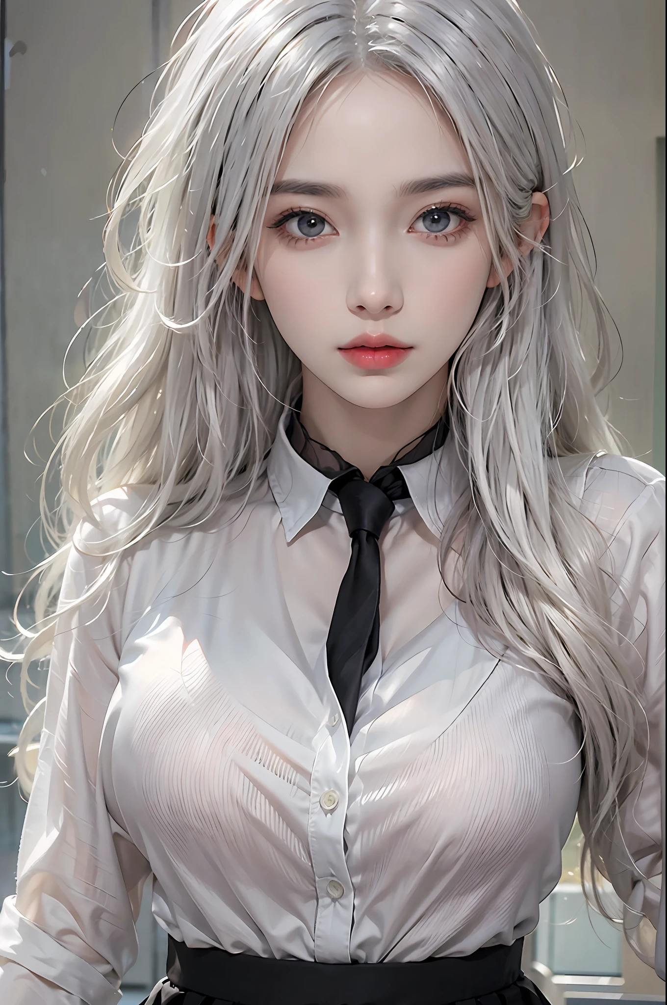 photorealistic, high resolution, 1 woman, hips up, beautiful eyes, white hair, long hair, ringed eyes, collared shirt, black necktie,black skirt, pencil skirt