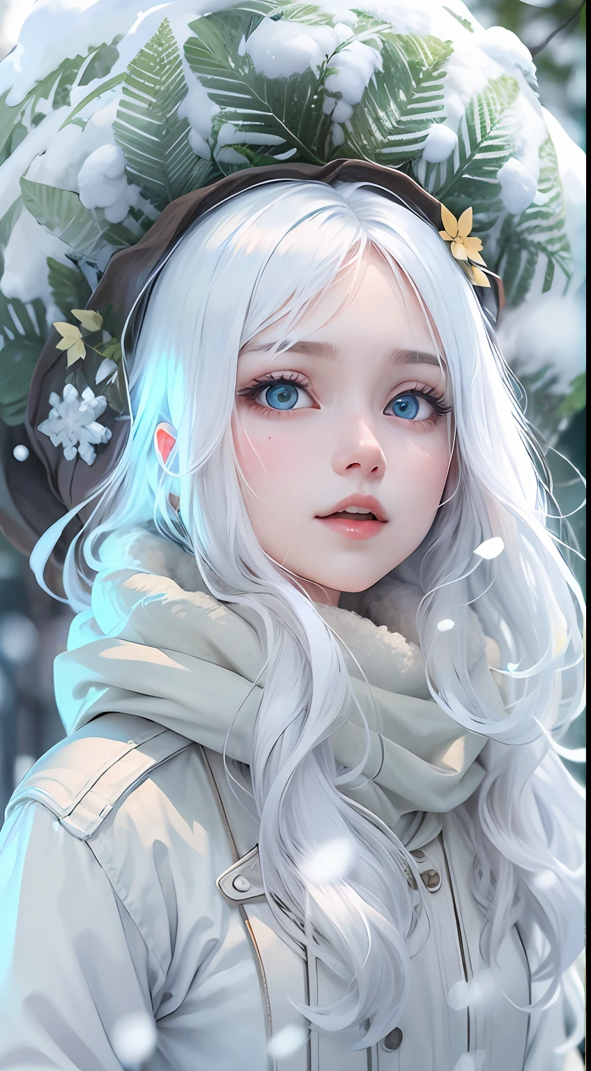 best qualtiy， tmasterpiece， White hair， eBlue eyes， A girl，white colors、， Realistis, Floating hair, Snowy,, Detailed face, winter, Green trees, Sunshine