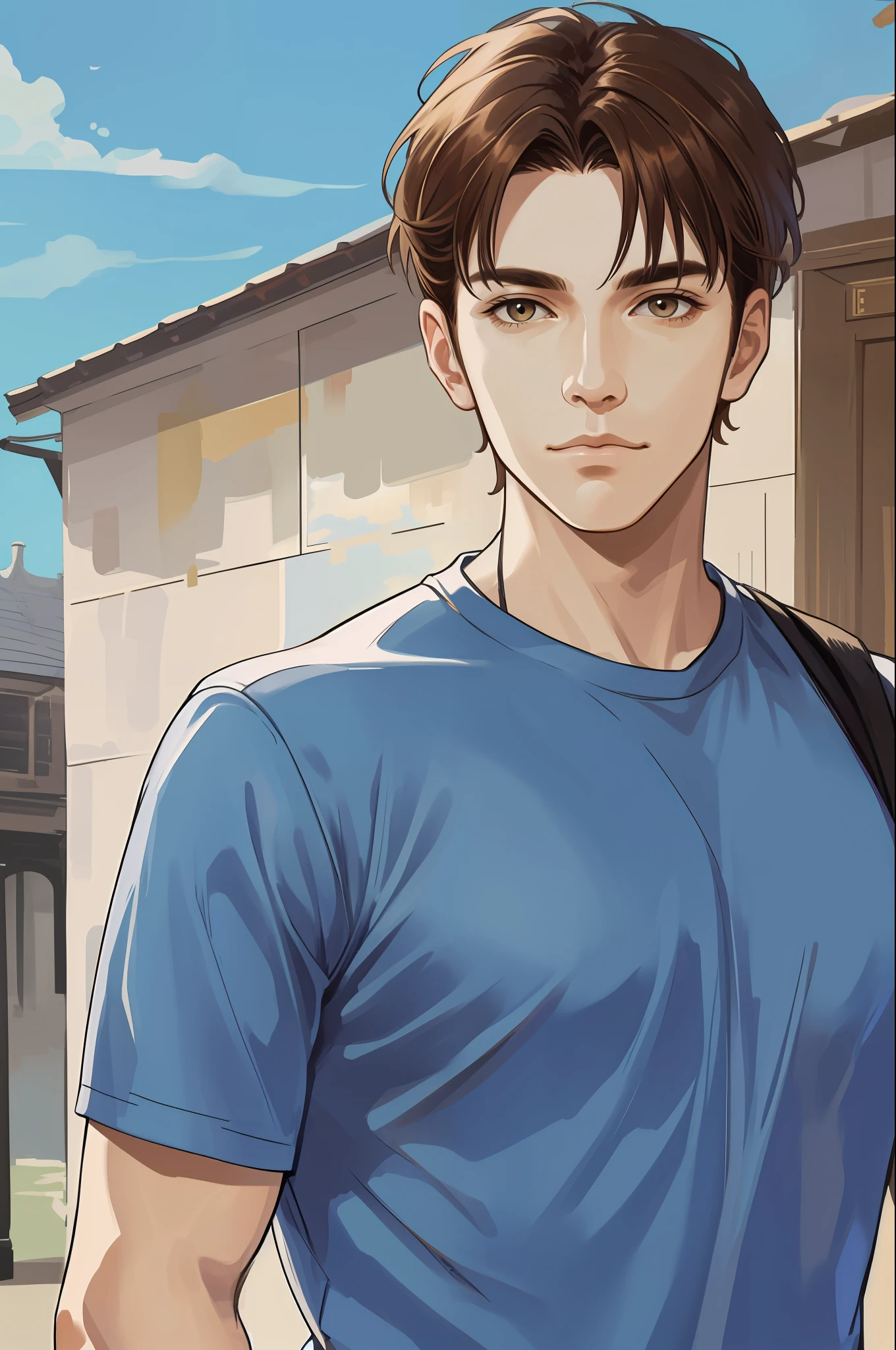 masterpiece, best quality, realistic, 1man, male focus, mature, tall muscular, handsome, [thick eyebrows], portrait, extremely detailed face, (brown hair), (short hair), casual clothes, blue sky