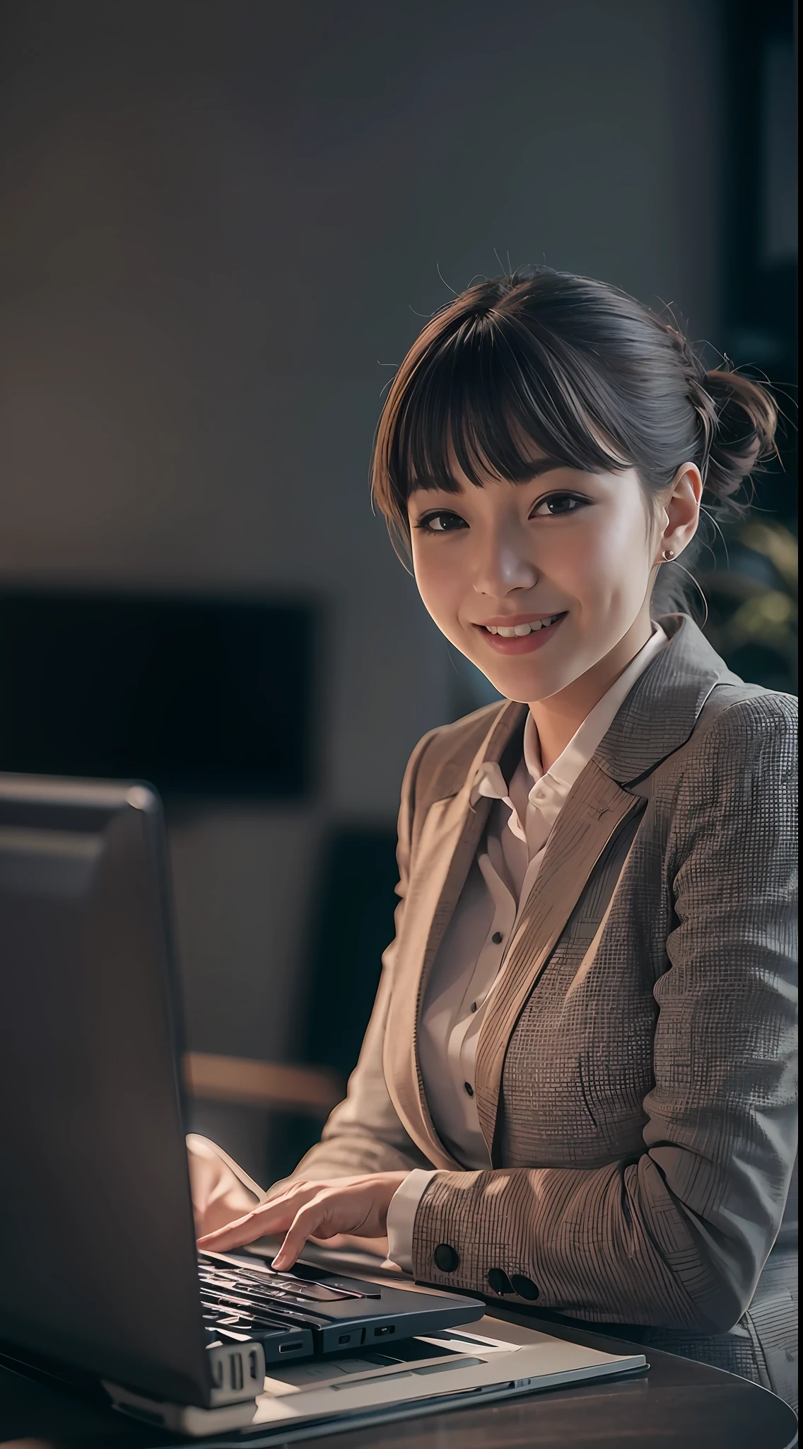 1 woman, business skirt suit, bangs, smiling, using computer, in office, cinematic lighting, (8k, masterpiece, best quality, raw photo)
