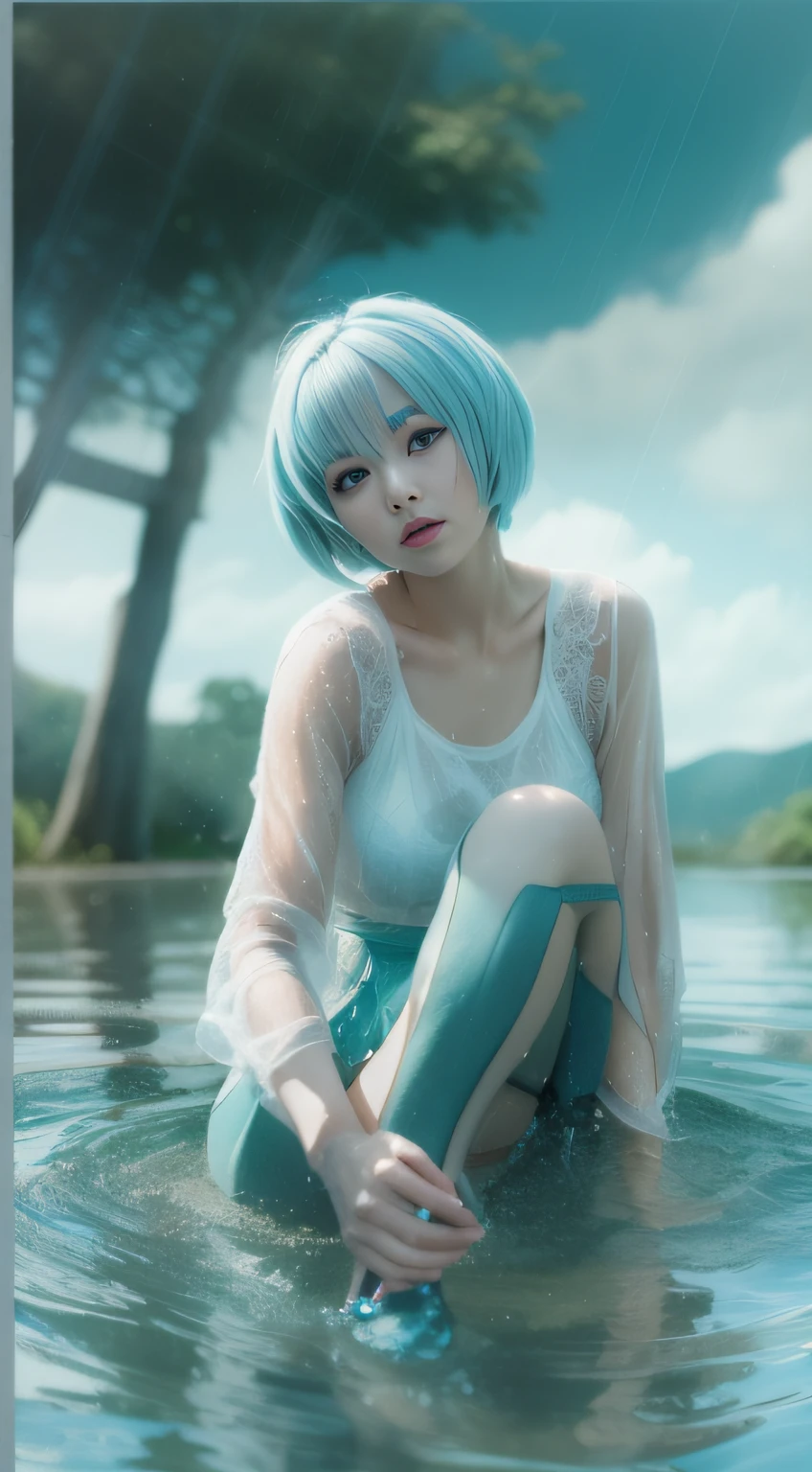 Rei Ayanami, (Face the camera directly), (Immerse in water to ankle depth,), Realistic beautiful girl full body portrait, , Fantastic face, In a sitting position, playing in the water, 8k resolution concept art portrait, Midsummer sky and Japan countryside, Cinematic, elegant organic framing, Hyper-Realism, Wet gouache, Reallife Human,