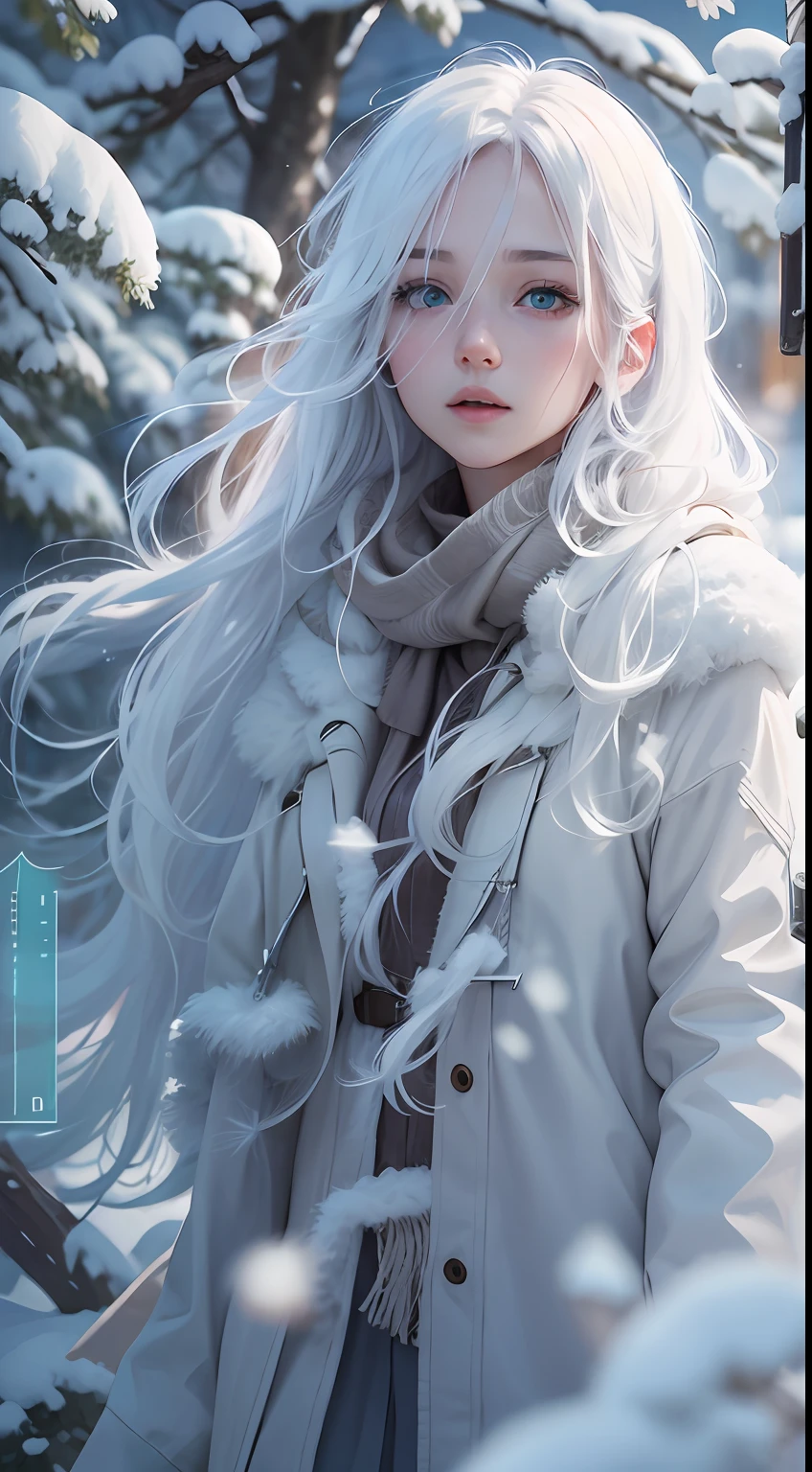 best qualtiy, tmasterpiece, White hair, eBlue eyes, A girl,white colors、, Realistis, Floating hair, Snowy,, Detailed face, winter, Green trees, Sunshine