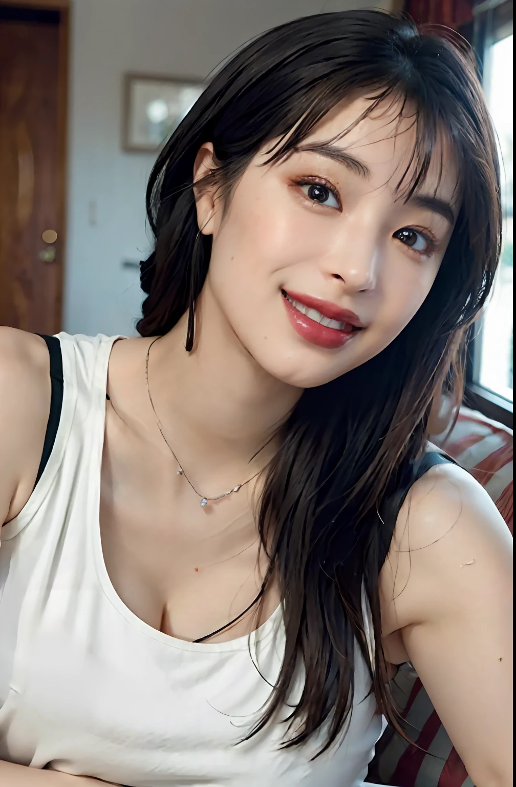 (A hyper-realistic), (illustratio), (hight resolution), (8K), (ighly detailed), (The best illustrations), (beatiful detailed eyes), (top-quality), (ultra-detailliert), (masterpiece), (wall-paper), (详细的脸), a bed、Upper body close-up,Armpit, A smile,Plump,独奏,Girl in white tank top with open chest, japanes, large full breasts, (camel's toe)、huge-breasted、Detailed, well-groomed white teeth、Ultimate Beauty、shot on the Canon EOS R 6、full of sweat、(beautiful detailed teeth)、Silver necklace、Park with sunshine、Perfect and beautiful female hands、Perfect tooth alignment、Perfect fingers、Navel dashi、Mansuji、Beautiful butt、