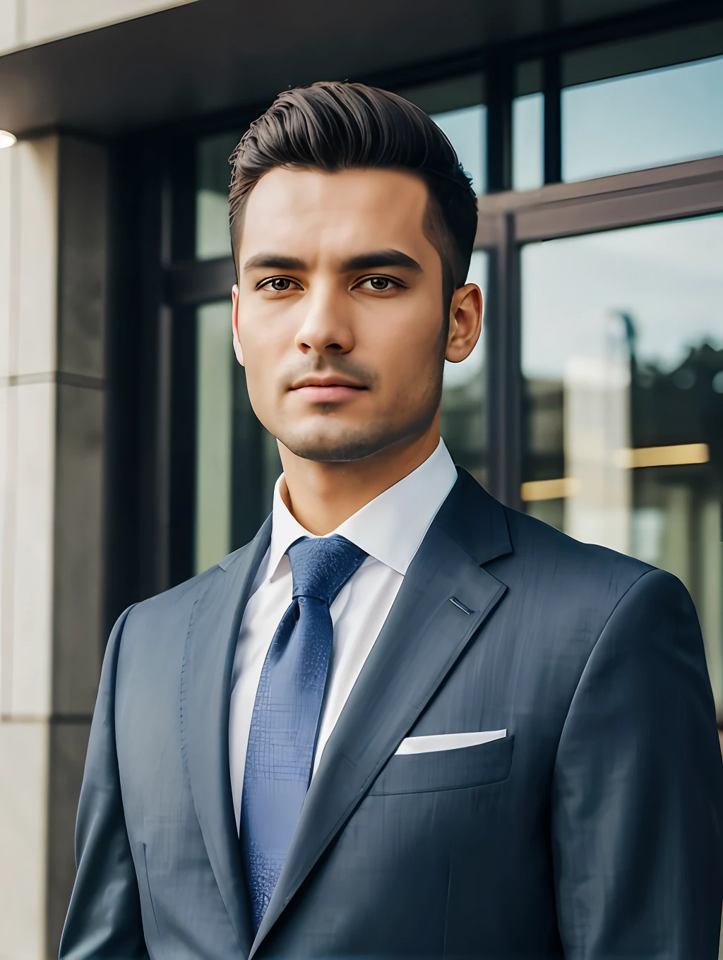 tmasterpiece, High-quality photo of a man in a suit and tie, standing in front of the building, photo by James Baines,High facial detail, A detailed eye, An open look, close - up, Popular on Pexels, A new objectivity, Stock Photo, The Sabatier Effect.