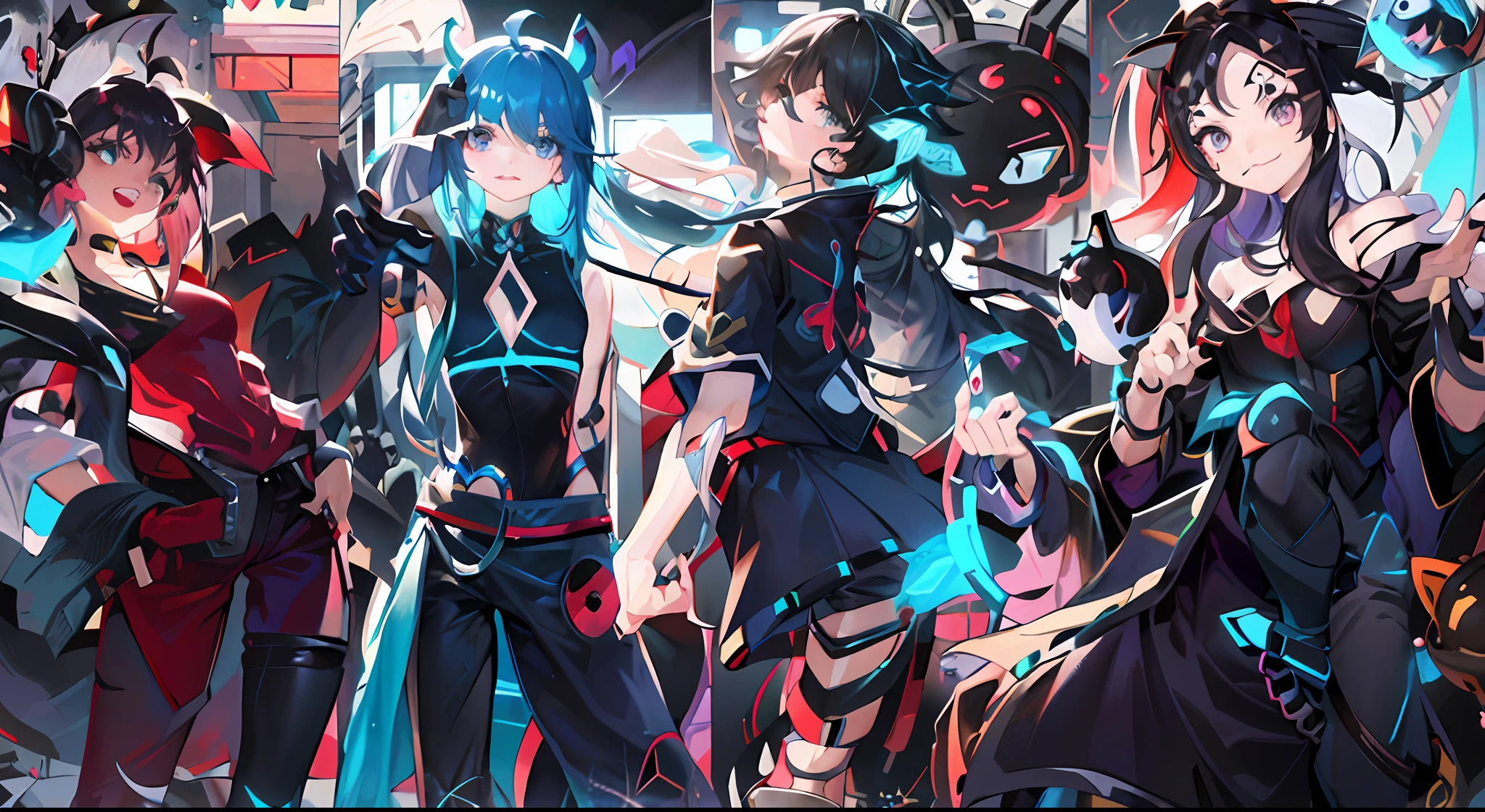 Anime characters stand in a line with their backs turned, cute cyber gods, Epic anime style, hero 2 d fanart artsation, Fanart do jogo 2D, anime em estilo fantasia, arte do jogo!!, estilo anime 4K, 2 d estilo anime, fanart detalhado, estilo de arte demon slayer, Arte Zerochan, badass anime 8 k, capa de anime, Capa de arte 2D