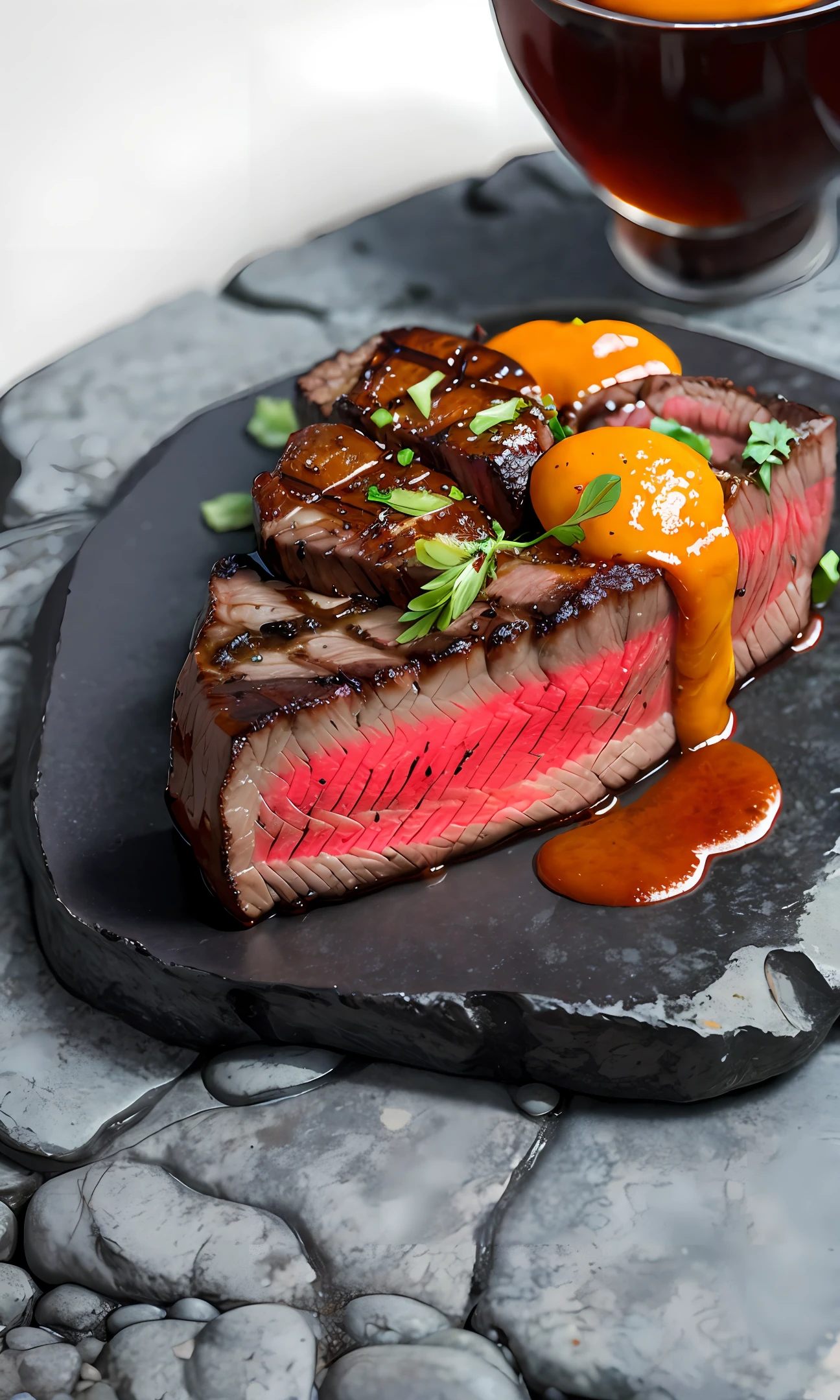 Steak on stone，The background is hot magma flowing