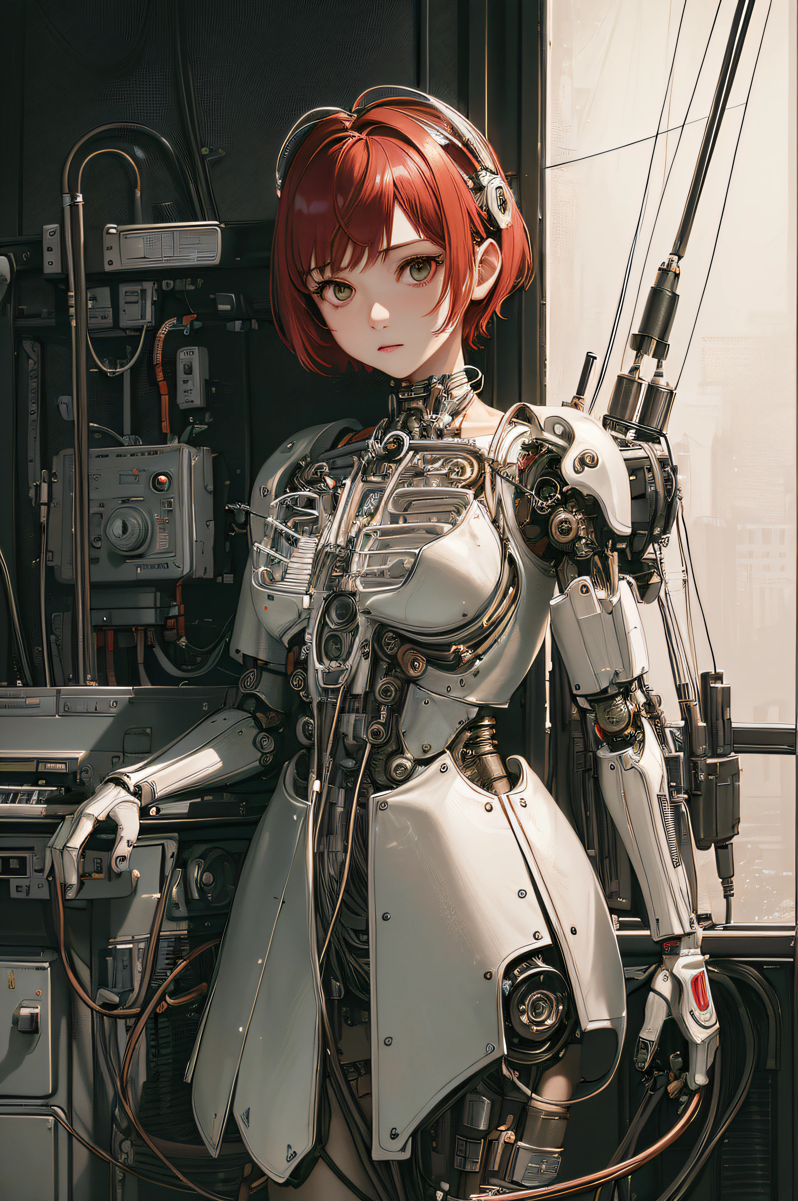 ((masterpiece))), (((best quality))), ((super detailed)), (highly detailed computer illustration), ((extremely delicate and beautiful)),(from the side),cinematic light, ((1 mechanical girl )), solo, whole body, (mechanical joints: 1.2), ((mechanical limbs)), (blood vessels connected to tubes), (mechanical vertebra attached to the back), ((mechanical cervical region attached to the neck) ),( camera close),no expression,(wires and cables attached to the neck:1.2),(wires and cables on the head:1.2)(character focus),((sci-fi)),extremely detailed, as detailed as possible, 1girl , (13 years old), (red short hair, no bangs), brown eyes, (((white lighting))), (white cables: 1.4), (((future))), ((cyborg)), futurism