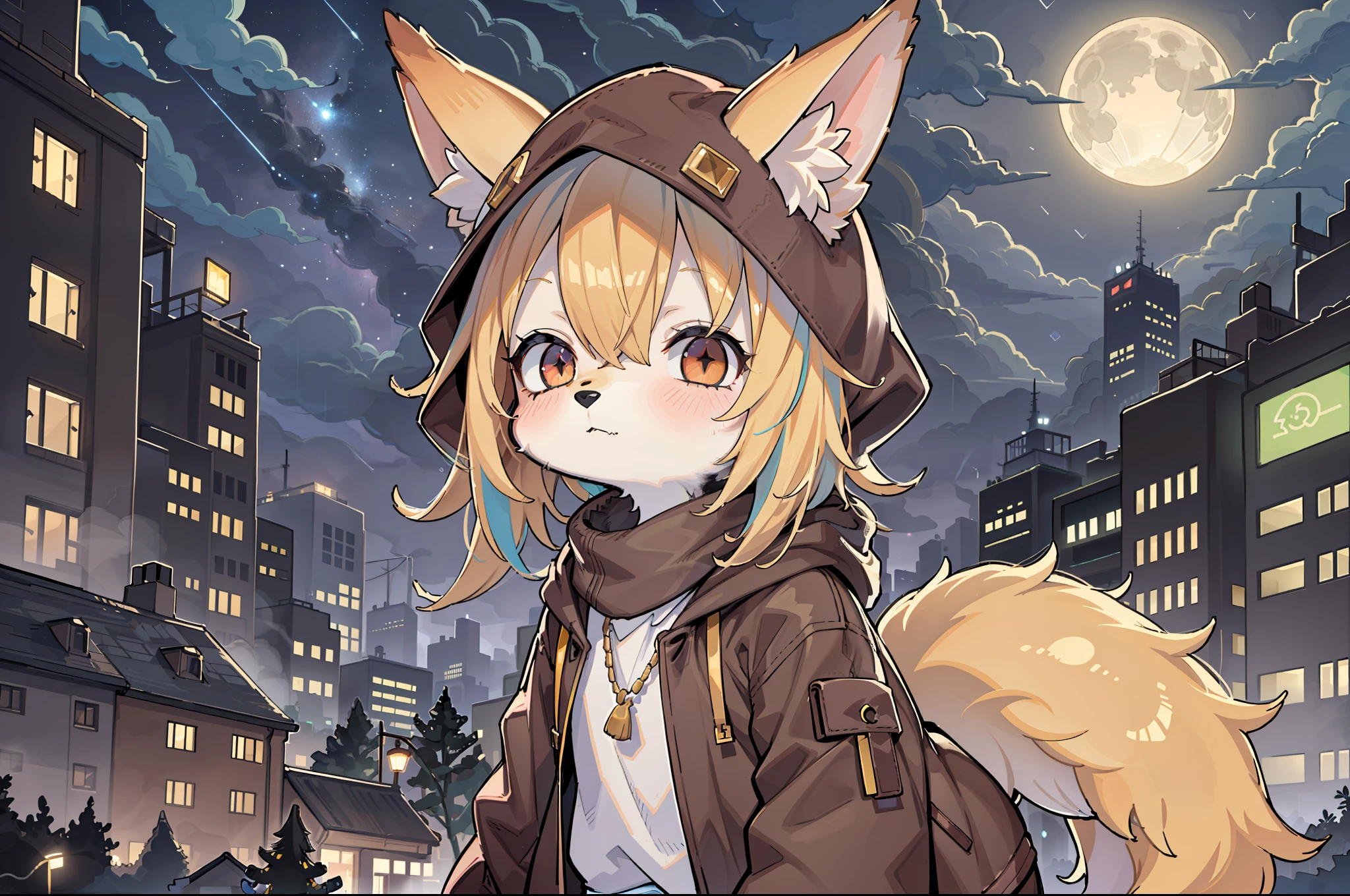 Shota the fox,hairy pubic,shaggy,Skin fur,Golden fur,Golden yellow face fur,Short straight blonde hair,Eyes have light,Red eyes,Brown elements on fur,Brown coat brown hood up,Star pattern white top,brown shorts,Beautiful lights and shadows,Ambient light,Ultra-fine fur,volumettic light,natural lightting,Fluffy tail,post apocalyptic city,Plant elements in the city,Lichen,There is no other life,Night,starrysky,Vast landscape,crossed bangs, Hairline, Shiny hair, lone nape hair, ,Dilated pupils,Sleepy,(moon full:1.2),(meteors:0.9),(Starcloud:1.3)(Warm light source:1.2),Rained,wetclothes, (overcast sky, Standing downpour:1.1), Extra-long sleeves, Purple and orange,Complicated details,Volumetriclighting,Realist breakthrough(tmasterpiece:1.2)(best qualtiy),4K,Ultra-delicate,(Dynamic configuration:1.4),Highly detailed and colorful details,(Irridescent color :1.2),(luminouslighting,Atmospheric lighting),dream magical,magic,(独奏:1.2)Glowing light,Empty eyes