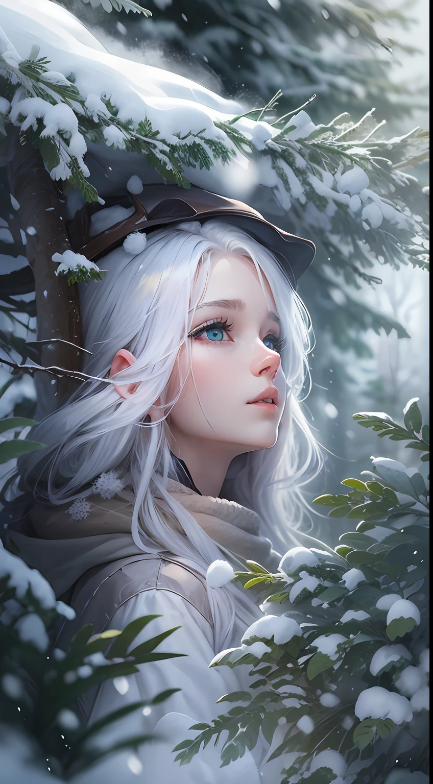 best qualtiy, tmasterpiece, White hair, eBlue eyes, A girl,white colors、, Realistis, Floating hair, Snowy,, Detailed face, winter, Green trees, Sunshine