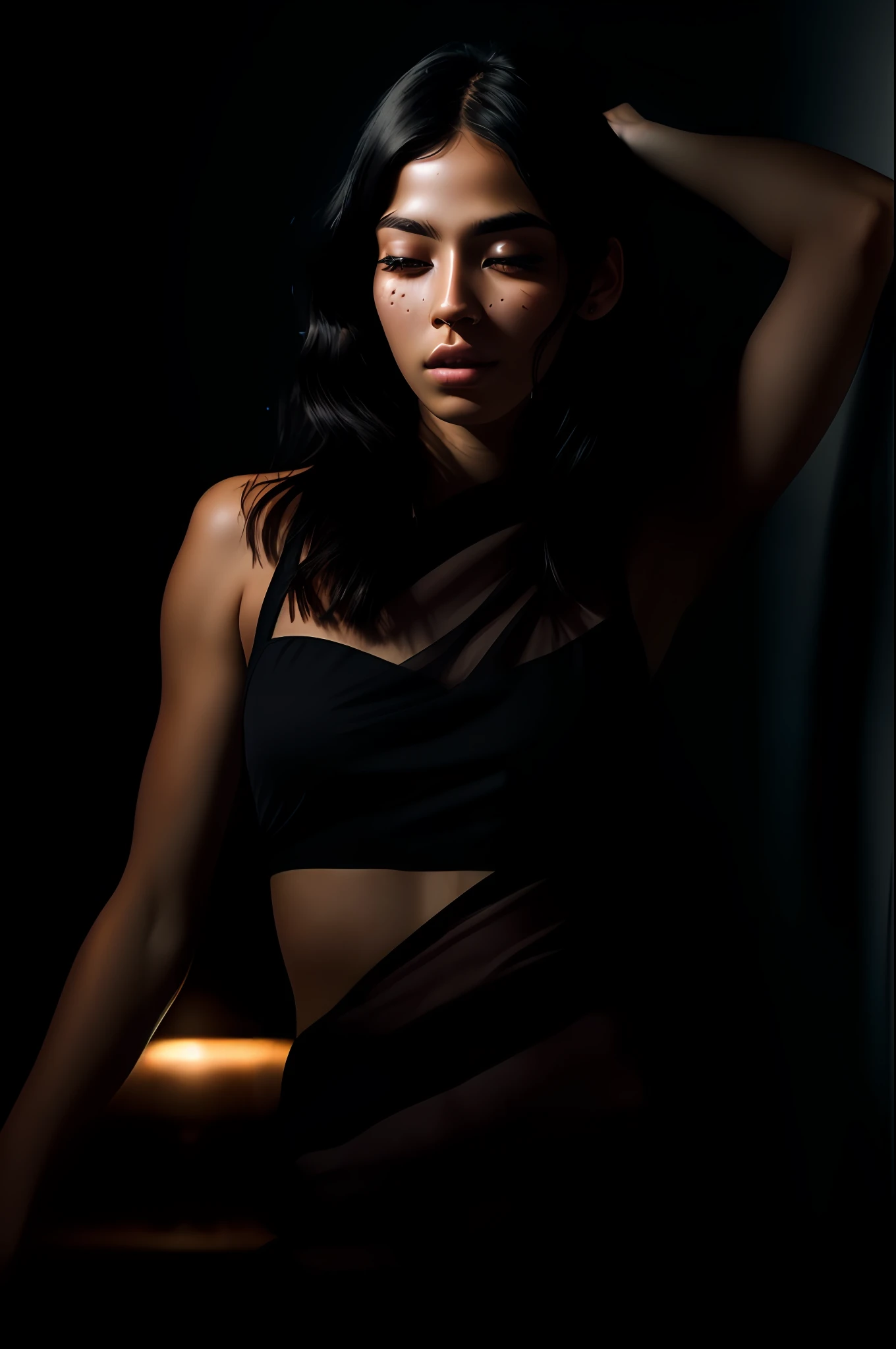 (RAW photo, best quality), (realistic, photo-realistic:1.2), 1girl, high quality, (high detailed skin:1.4), puffy eyes, gorgeous hair,   (dark room:1.3), (rim lighting:1.3), (dimly lit:1.3), (dark night:1.3), indoors, portrait, black hair, dark background, short hair,