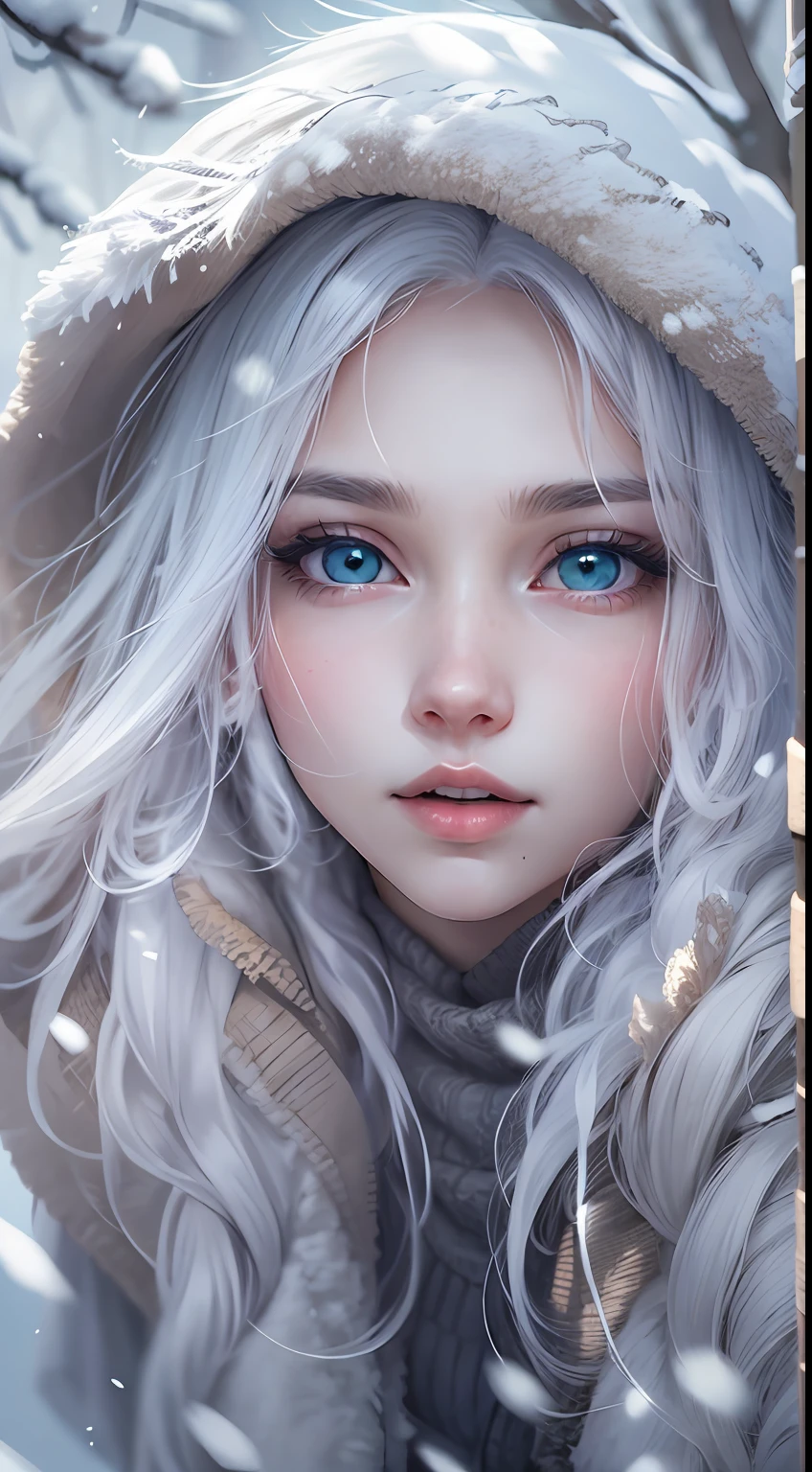 best qualtiy, tmasterpiece, White hair, eBlue eyes, A girl,white colors、, Realistis, Floating hair, Snowy,, Detailed face, winter, Green trees, Sunshine