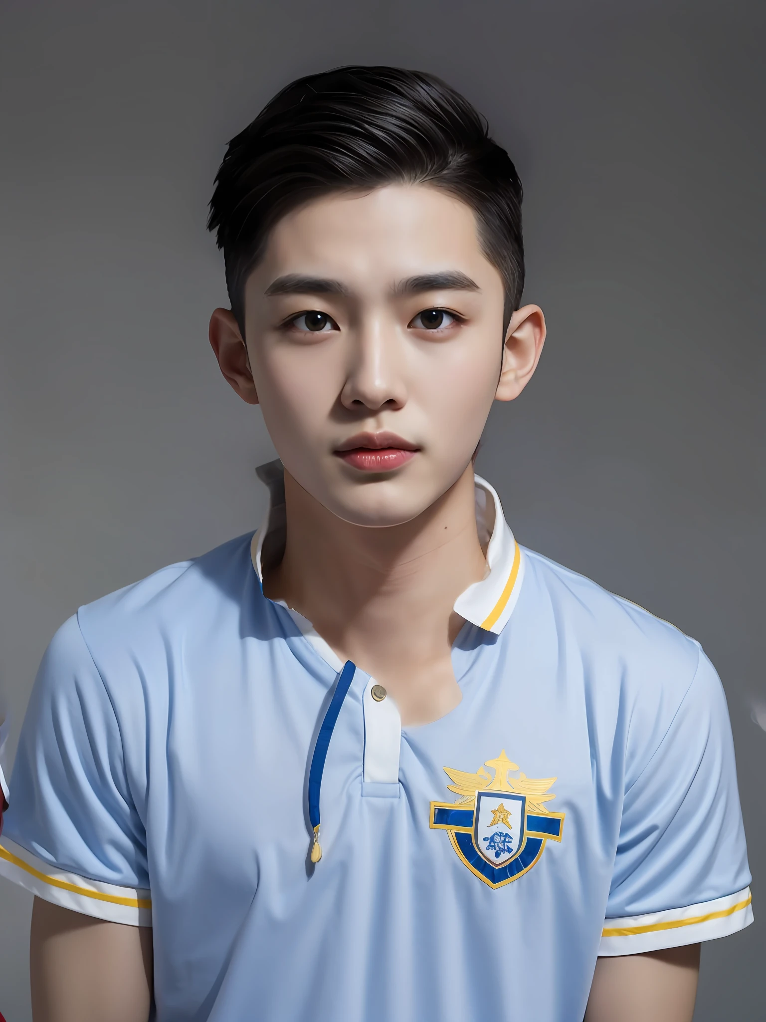 A Chinese male high school student,Wearing sky blue casual clothes