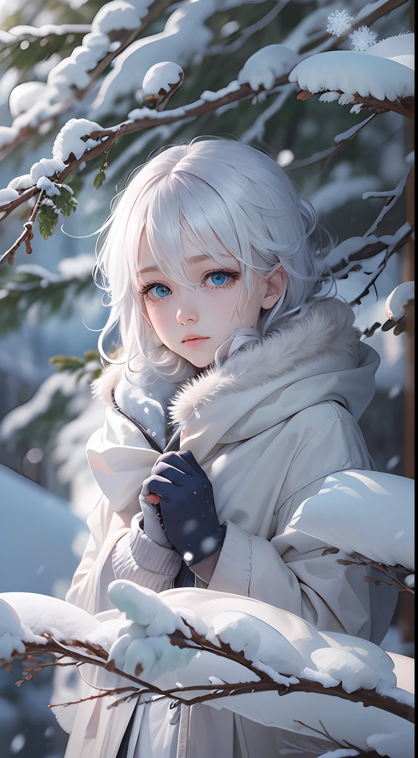 best qualtiy, tmasterpiece, White hair, eBlue eyes, A girl,white colors、, Realistis, Floating hair, Snowy,, Detailed face, winter, Green trees, Sunshine