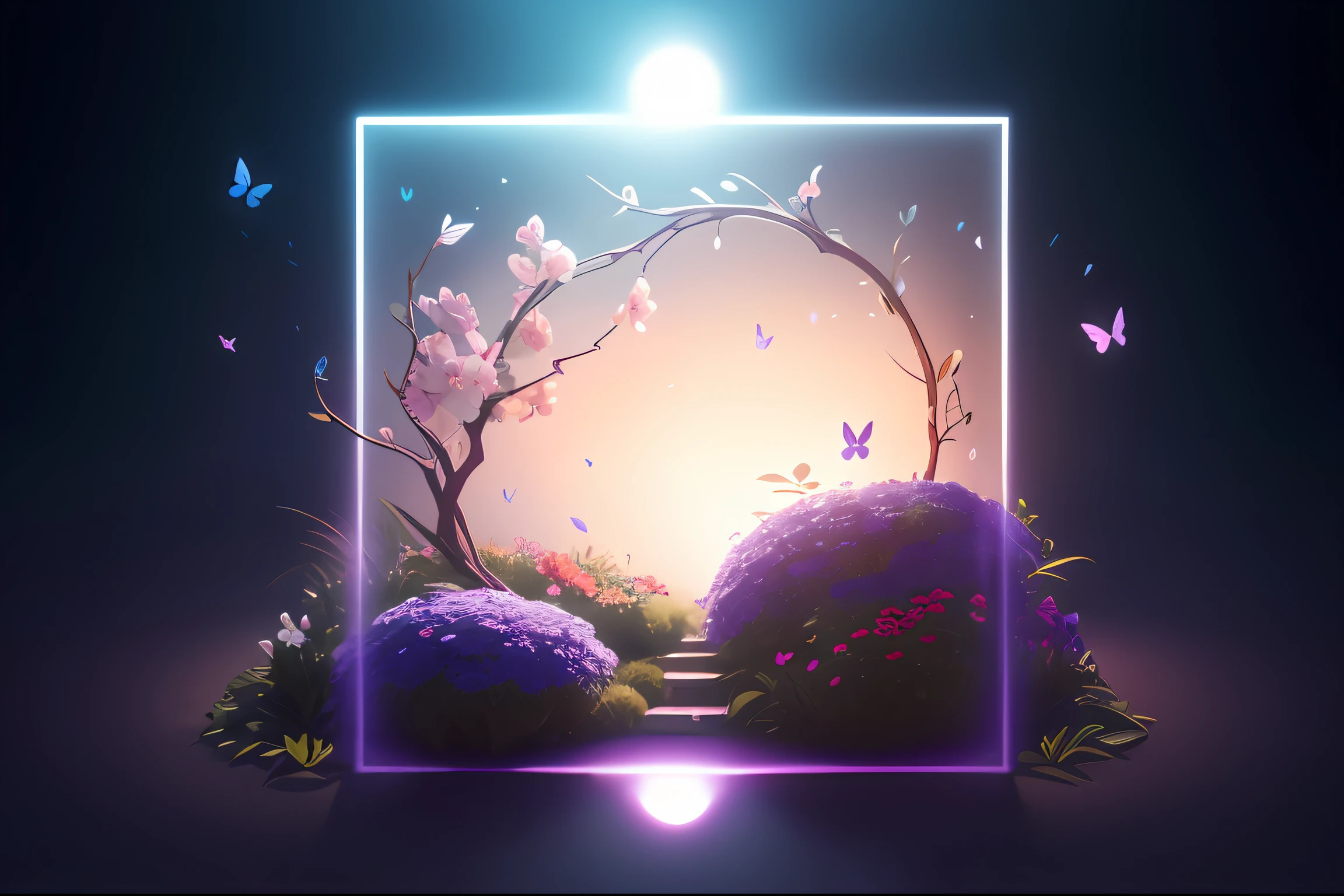 UI interface frame design, Simple background, round form, Leaves, branches, vines, Flowers, Little butterflies, Particle effect, Delicate。The air is filled with soft melodies，Butterflies flutter among the flowers。In the complex、This fascinating moment is captured in high-quality illustrations，And pay attention to the finest details and realistic shadows。Isometric 3D rendering using Octane Render and ray tracing will bring this magical garland to life
