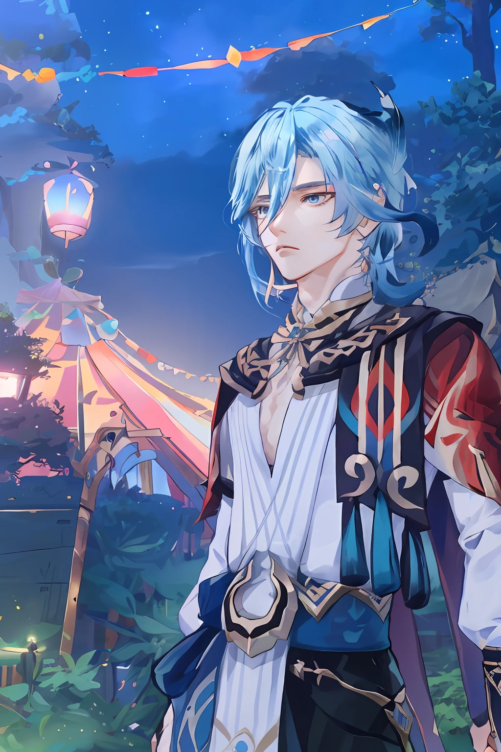 anime - style image of a man in a white shirt, black pants, embroidered clothes, kaveh from genshin impact, genshin impact character, genshin, genshin impact style, video game genshin impact, delicate androgynous prince, ((blue hair)), ((blue eyes)), feather hair ornament, ((at the carnival at night, lights and garlands, circus))