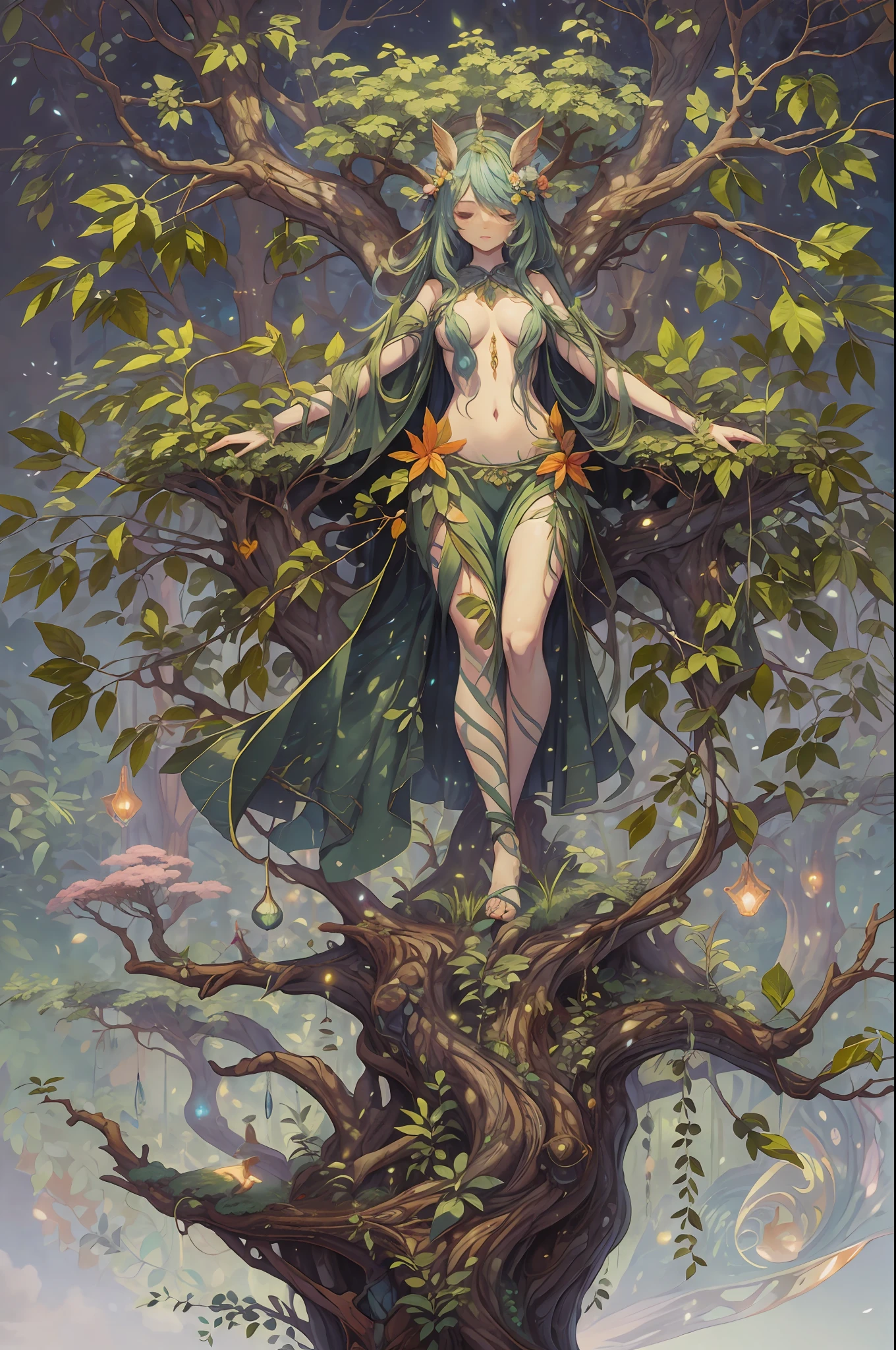 masterpiece, top-quality, 1 dryad、Slim body、small tits、Leaf clothes、large leaves on the head,、World Tree、Fantastical、Tree Spirit、Nymphs、myth 、PsyAI