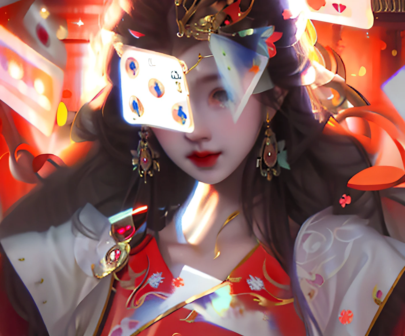Close-up of a woman holding a playing card in front of her face, Guviz-style artwork, Guviz, Loish et WLOP, guweiz masterpiece, Phlegm sputum, phlegm |, Phlegm phlegm art, Alphonse mucha and rossdraws, Artgerm and Atey Ghailan, art by wlop, WLOP et Artgerm