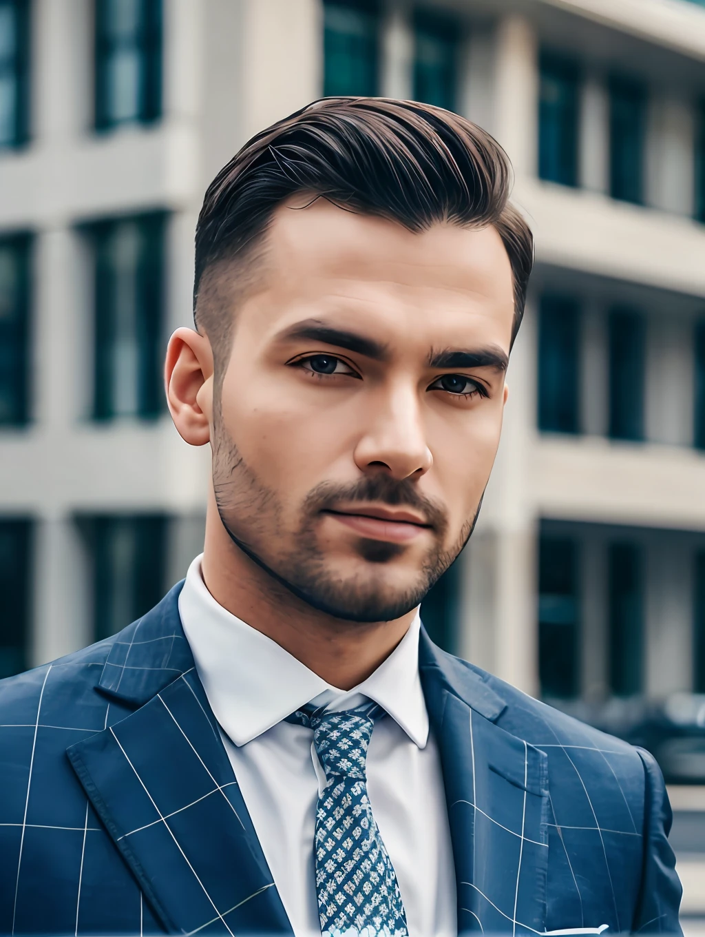 tmasterpiece, High-quality photo of a man in a suit and tie, standing in front of the building, photo by James Baines,High facial detail, A detailed eye, An open look, Popular on Pexels, A new objectivity, Stock Photo, The Sabatier Effect.