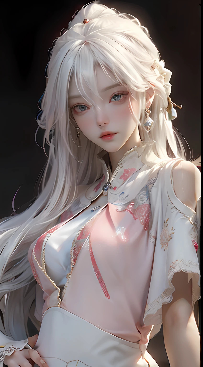 close-up of a woman with white hair and white mask，Belle peinture de personnage，Guviz，Guviz-style artwork，white-haired god，Yang J，Epic and beautiful character art，Stunning character art，FAN Qi，Wu Zhun Shifan，Guvitz at the Pixiv Art Station，Realiy，photorealestic，3D stereoscopic，tmasterpiece，The best quality，The illustrations are super detailed，beautidful eyes，Very delicate light，Fine luminescence，Very detailed 8K CG wallpaper，Black pupils，An extremely delicate and beautiful girl，8k wallpaper，best qualtiy，close-up all over the body，a white long skirt，Luxuriously silky bright red chiffon overshine（Illusion，glitters，Ultrathin，softness，）a skirt