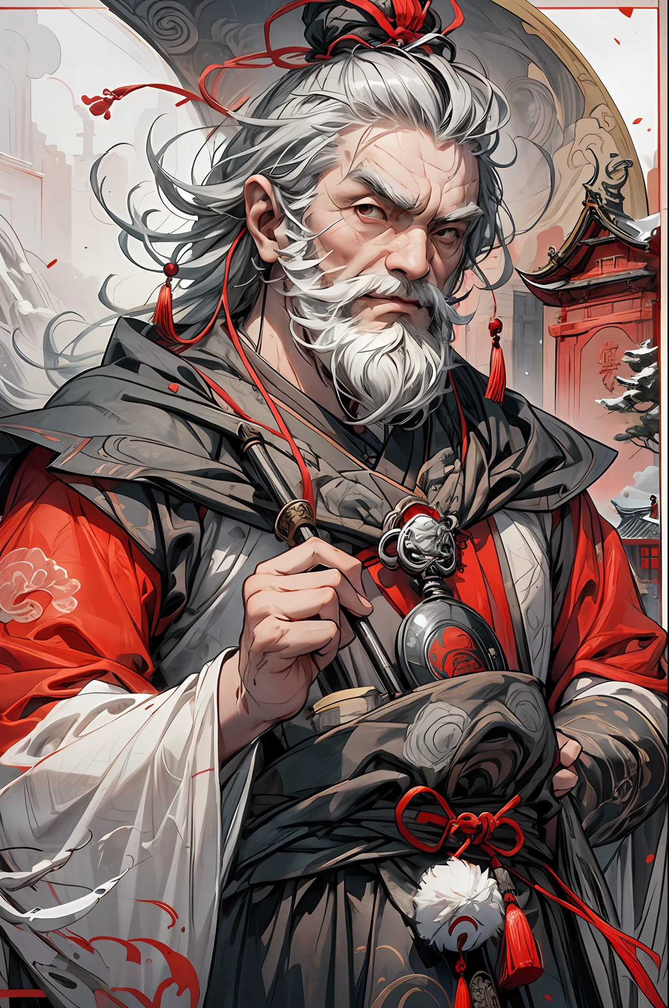 best qualityer,malefocus,(66-year-old Chinese grandfather:1.5),(Be red in the face:1.5),(heavy breath:1.5),(largeeyes:1.5),(white body fur:1.5)(Long gray hair:1.5),(Long, bushy white beard:1.5),(wrinkly skin:1.5),highr,Chinese Hanfu,plumw,The large, hair pin, exteriors, drak, at twilight, Red sky, Temple, Winters, snowstorm in background, pine woods