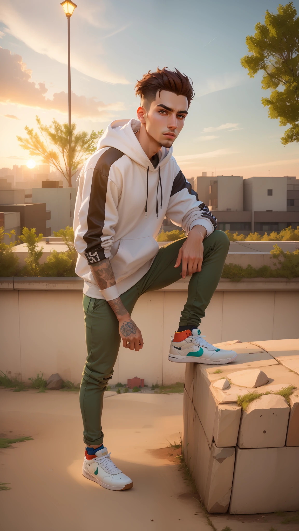 arafed man leaning on a rock in a park at sunset, casual pose, style of anton fadeev, casual photography, streetwear fashion, aleksander rostov, mid shot portrait, modeling shoot, standing on rooftop, stylish pose, cinematic outfit photo, inspired by Amir Zand, street clothes, casual streetwear, nikolay, wearing off - white style