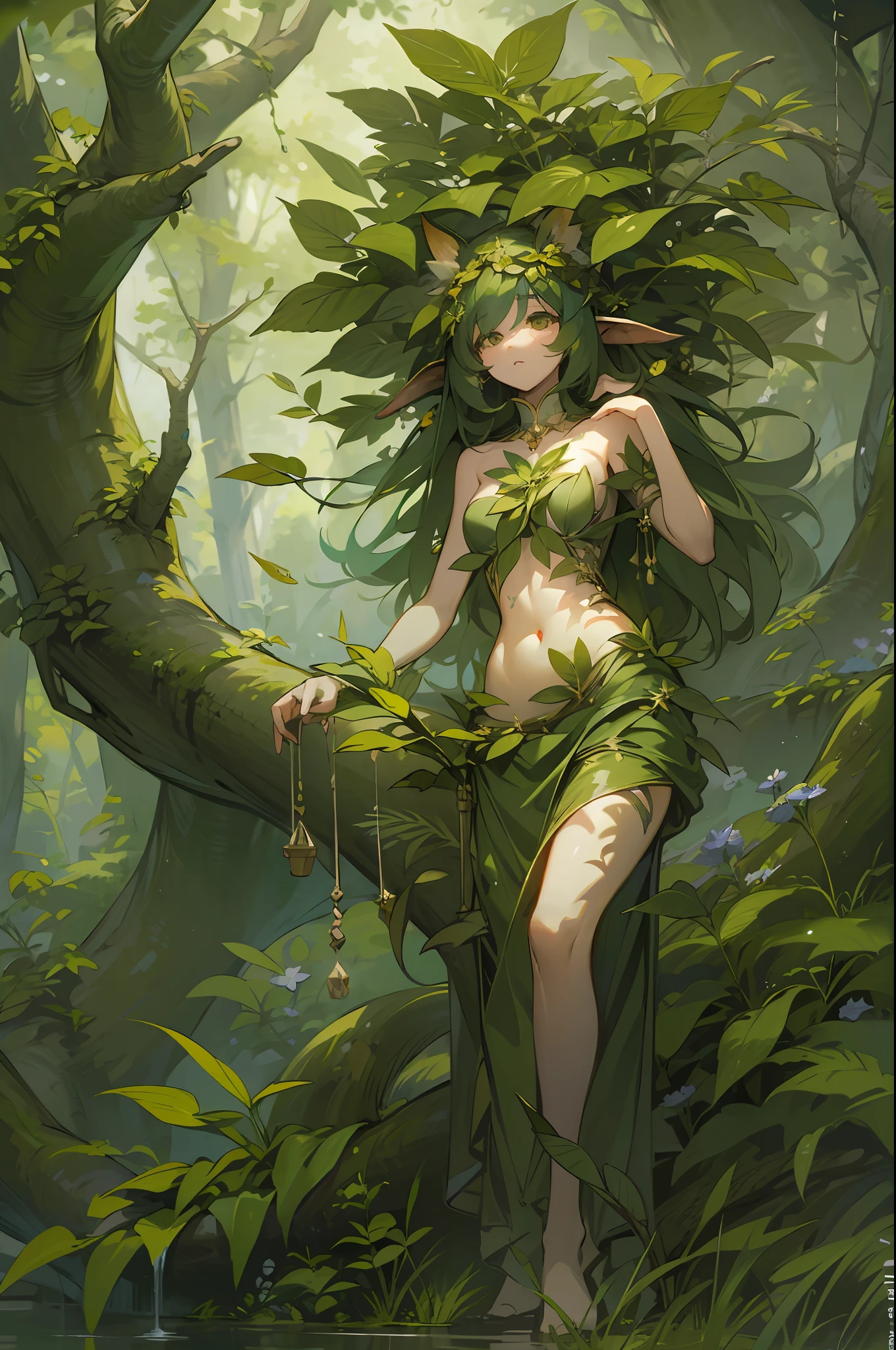 masterpiece, top-quality, 1 dryad、Slim body、small tits、Leaf clothes、large leaves on the head,,、World Tree、Fantastical、Tree Spirit、Nymphs、myth 、PsyAI