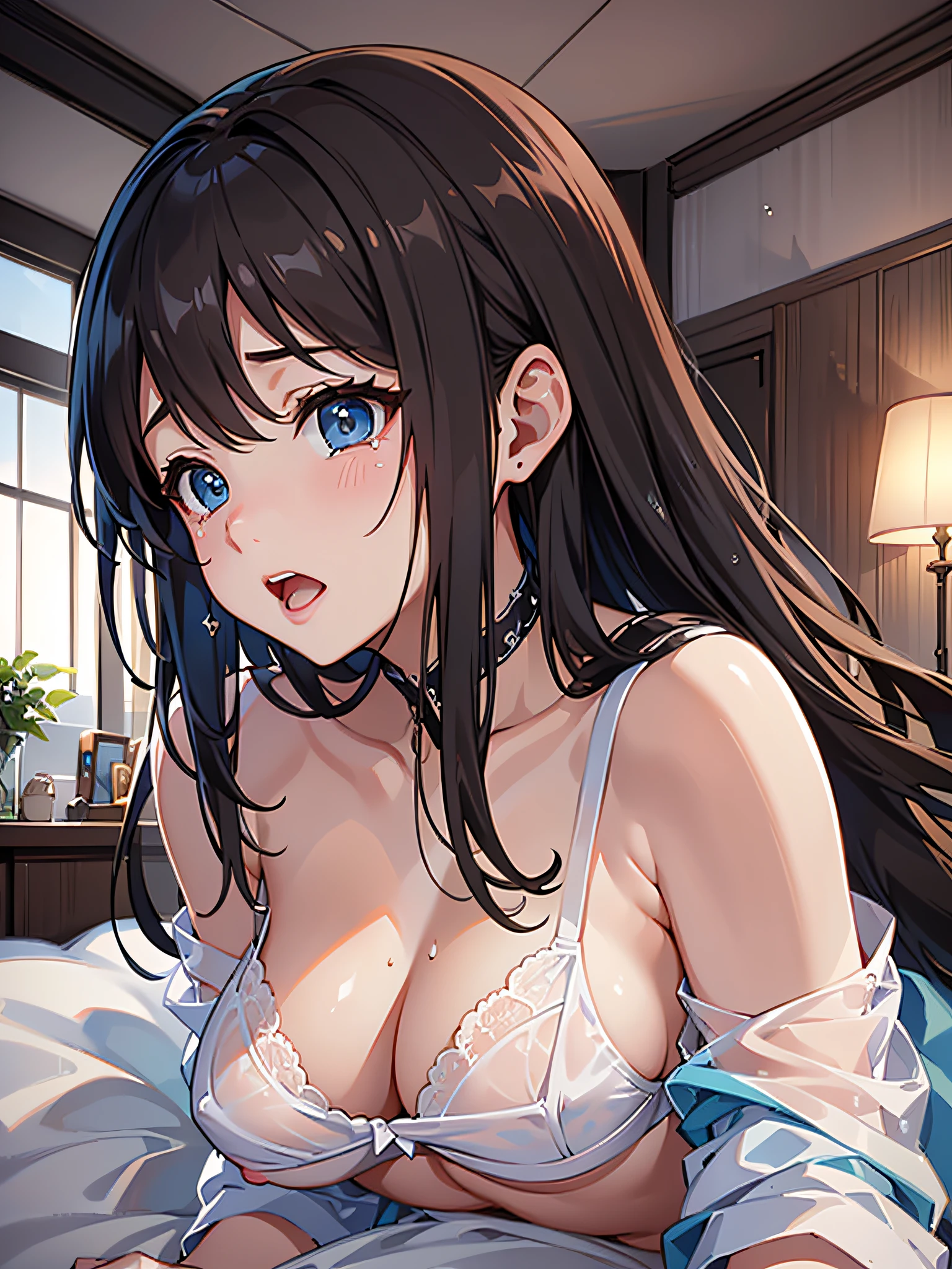 (8K、Raw photography、top-quality、​masterpiece:1.2)、Illustration Touch、ultra-detailliert、超A high resolution、1 fair-skinned girl、dark brown  hair、azure eyes、On the futon、Cowgirl、Straddling a man、White transparent underwear、Upbeat cheeks、moaning、half-opened mouth、is crying