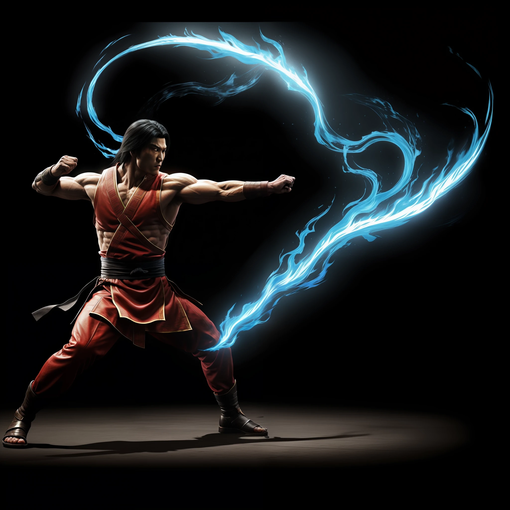 Masterpiece, best quality, ultra detailed, high resolution, Liu Kang, kungfu stance, blue fire, Mortal kombat arena