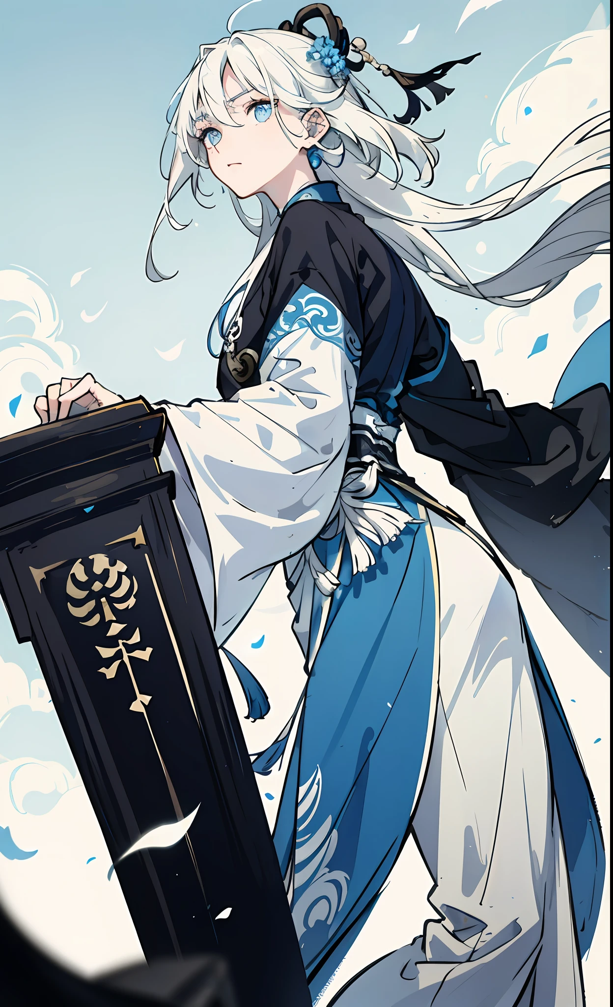 Gentle boy ，blue color eyes，White hair color，Floating hair，Delicate and agile eyes，Black and white Hanfu，Frontal portrait shot，tmasterpiece，Ancient Chinese architecture，blue-sky，Like a girl。