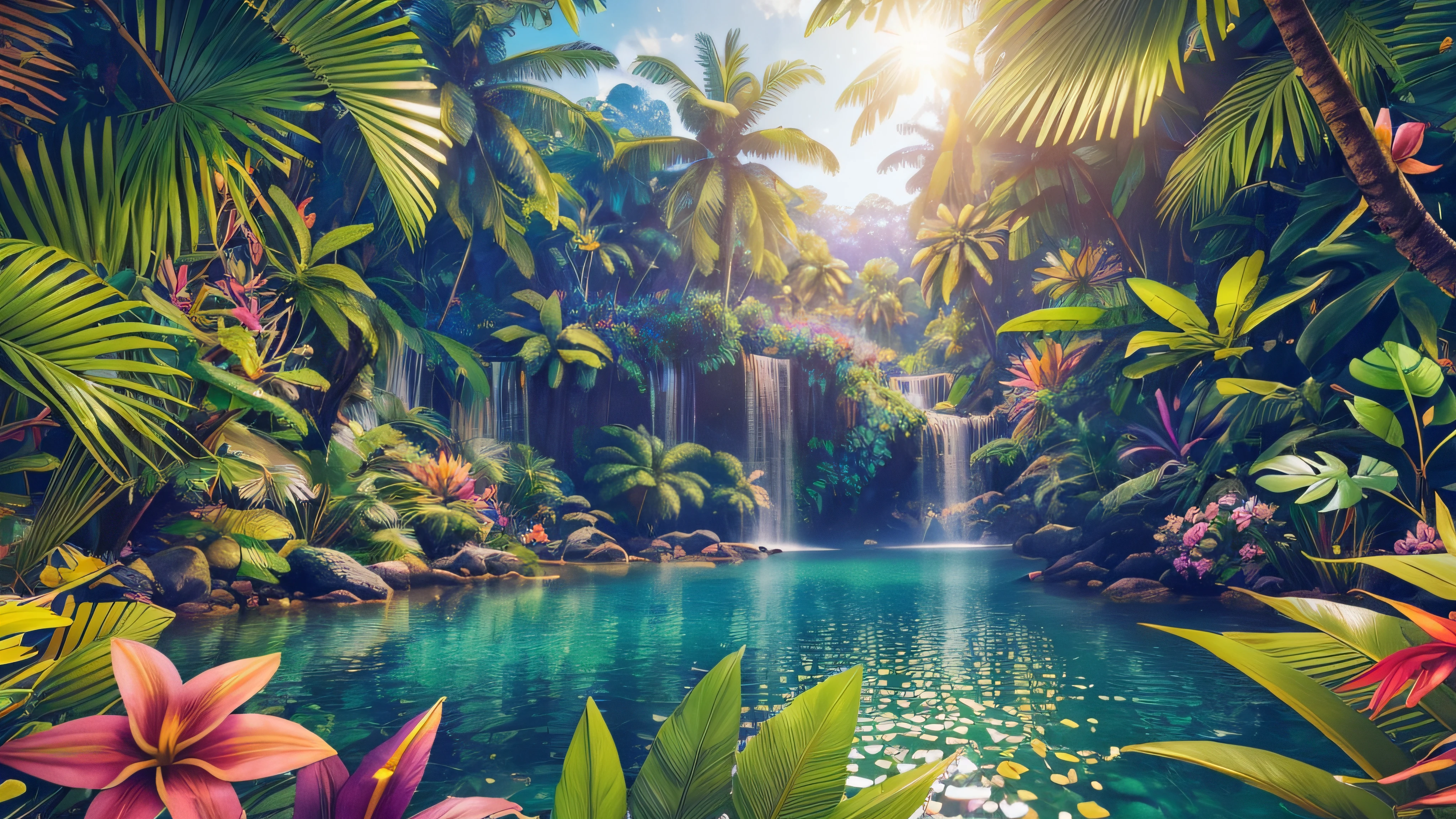 (extremely detailed CG unity 8k wallpaper, masterpiece, best quality, ultra-detailed), (best illumination, best shadow, an extremely delicate and beautiful), (realistic photo), (beautiful tropical forest, colorful flowers and fruits), (colorful), (dramatic lighting), (beautiful sunny day), (peaceful and relaxing atmosphere)