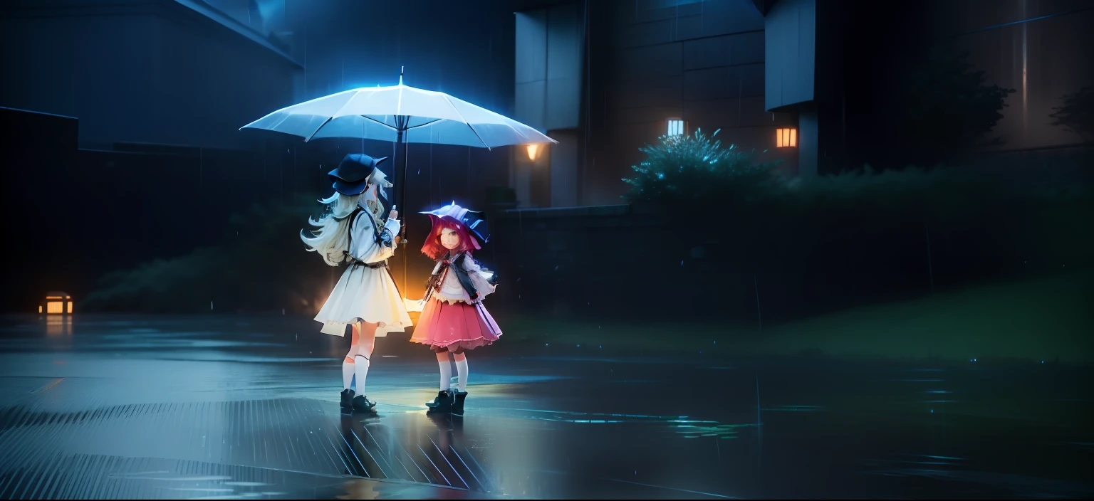 Anime scene of two little girls standing in the rain with umbrellas, medium shot of two characters, Beautiful and cinematic lighting, illusory engine ; romantic motifs, fantasy style 8 k octane render, video game cutscene, side scroller, video game screenshot, cinematics, (rendering by octane) Fantasy style, game screenshot, videogame still, illusory engine. cinematic Film still from