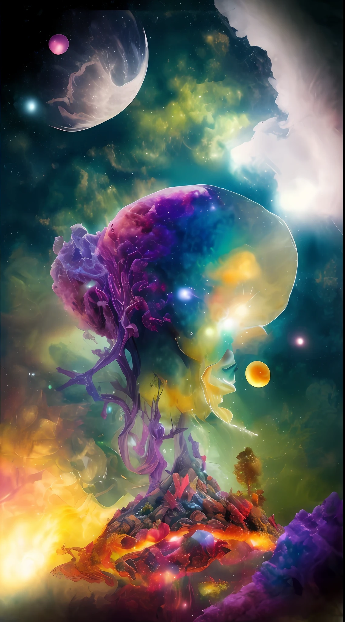 Incredible and spectacular scene, a "((high quality)), (detailed)), ((fantasy)), illustration, perspective (45 degree tilt angle), theme (enchanted forest style), scene elements (handsome boy, beautiful girl), picture quality (3D rendering effect), exquisite details, beautiful lights "emerge from glowing clouds, fractal nebula lines, cosmic entities, celestial bodies, universes, vibrant and vivid, swirling, rotating, impractical, high contrast, co-metabolic, magical, mysterious, mysterious, surreal, Oversaturated, colorful