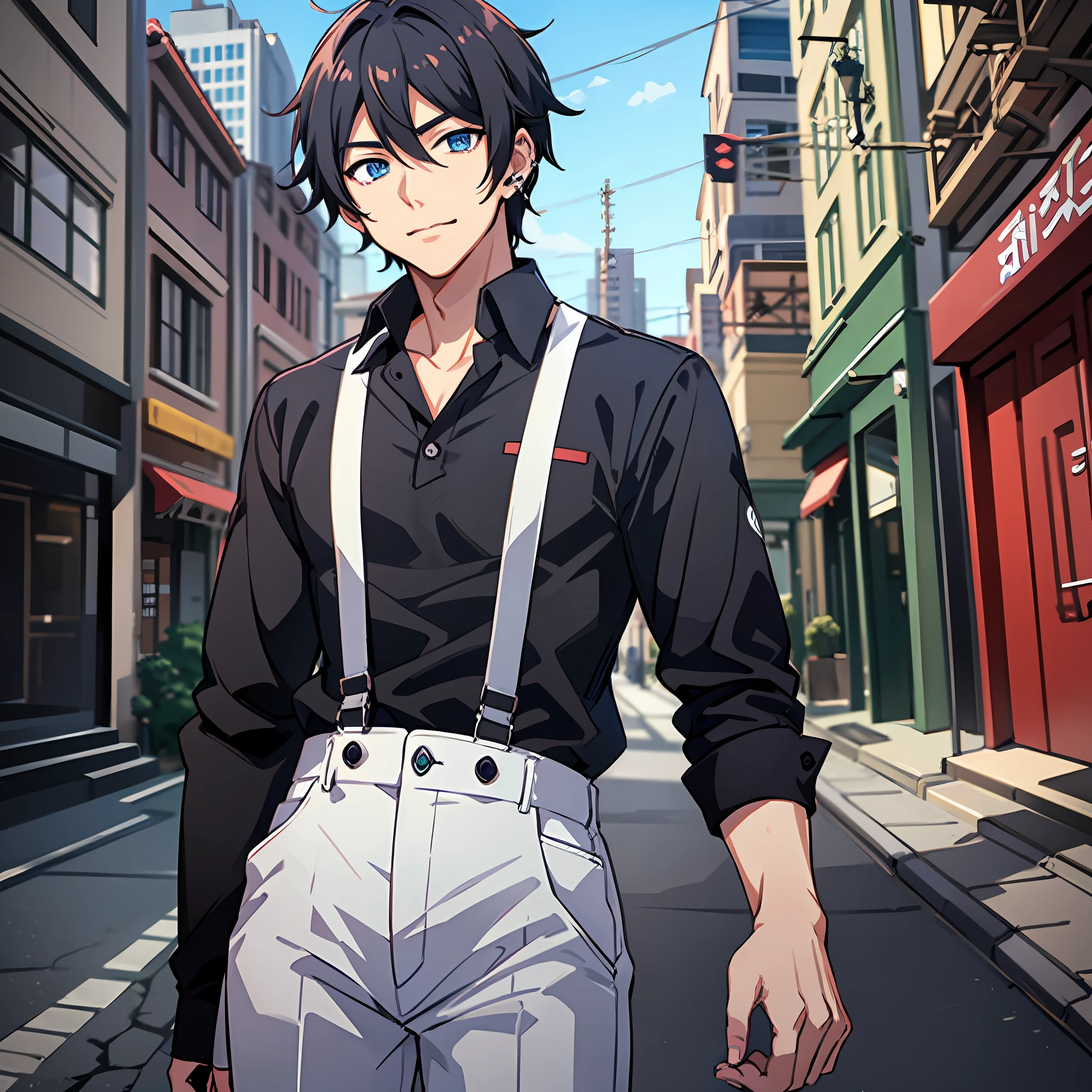 Anime characters in black t-shirts and white suspenders，In quaint streets，Light smile，Tall anime man with blue eyes，young anime man，Anime handsome man，Anime portrait of a handsome man，anime moe art style，Male anime style，inspirado em Okumura Masanobu，male anime character，Anime boys，High Quality Anime Art Style，Handsome anime pose，smooth anime cg art，with short black hair，Black stud earrings