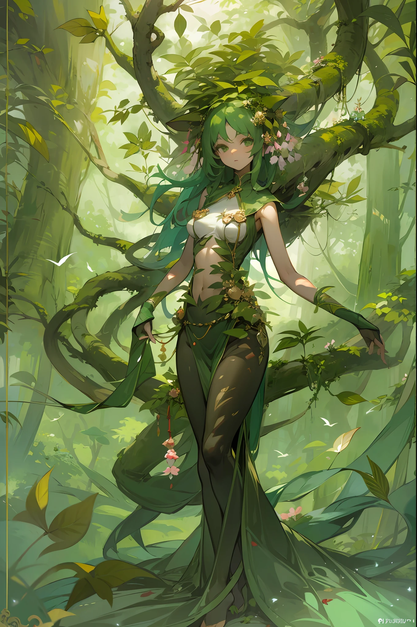 ​masterpiece, top-quality, 1 dryad、Slim body、small tits、Leaf clothes、large leaves on the head,,,、World Tree、Fantastical、Slim body、small tits、beautiful countenance、Tree Spirit、Nymphs、myth 、PsyAI