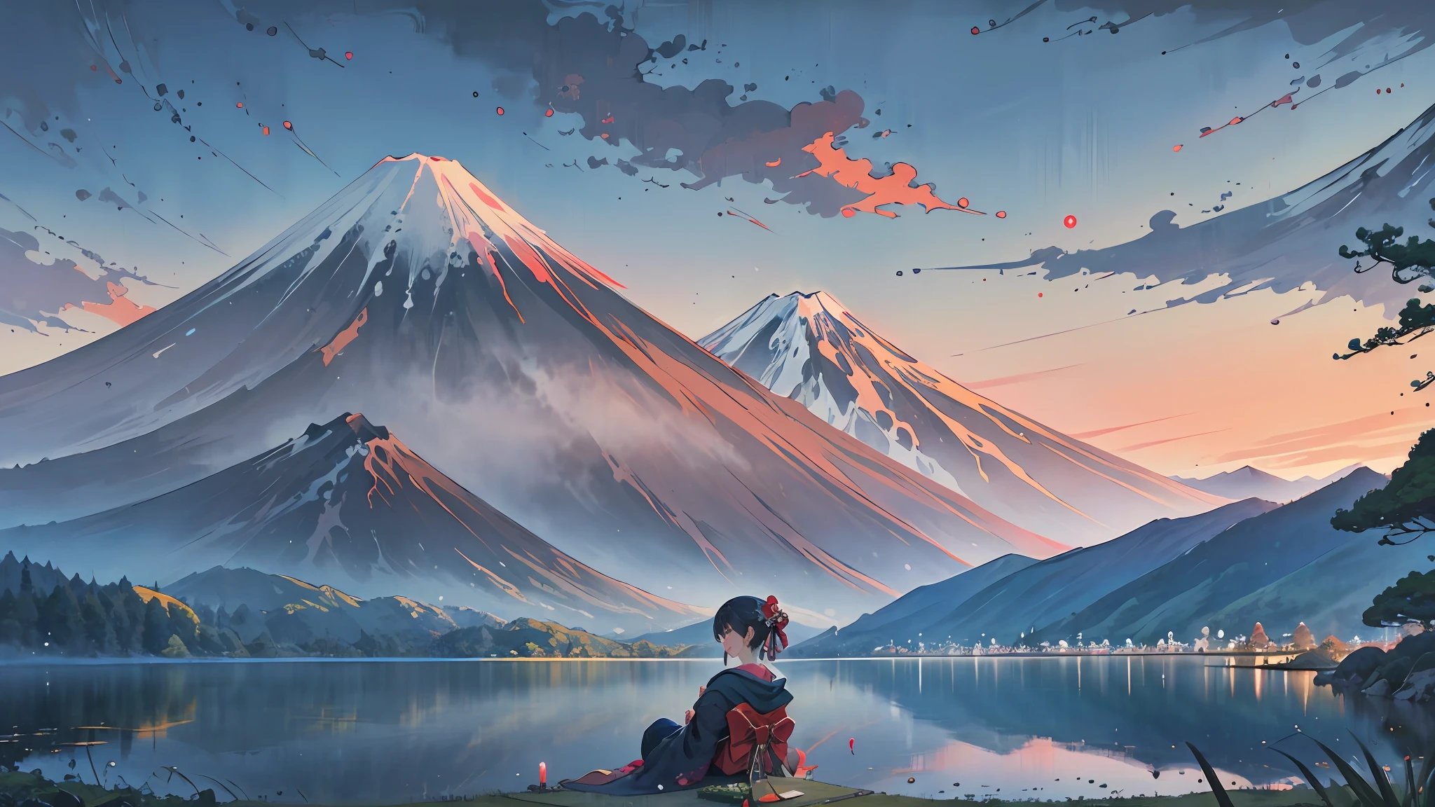 top-quality, masterpiece, ighly detailed, 细致背景, ukiyoe painting, 1girl in,a smile、 Young Girl Kimono, Retro, Mt. Fuji is one, The lakeside in front of Mt. Fuji、Aw, Beautiful sky, Picnic on the lake, landscapes, landscapes, depth of fields,