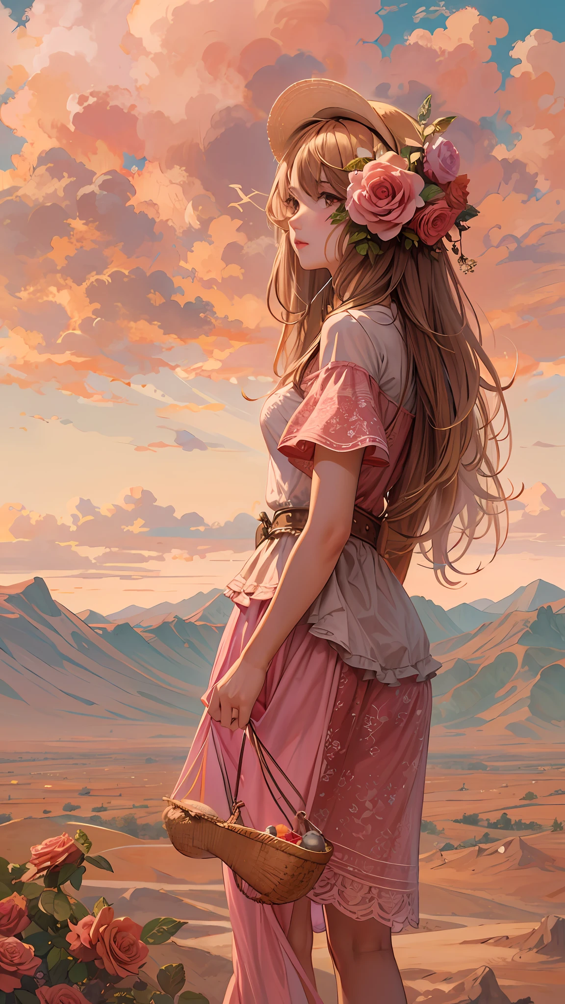 Summer, desert, pink clouds, a land overgrown with roses stands beautiful girl, James Gurney, art station rendered, ultra-wide lens, high definition