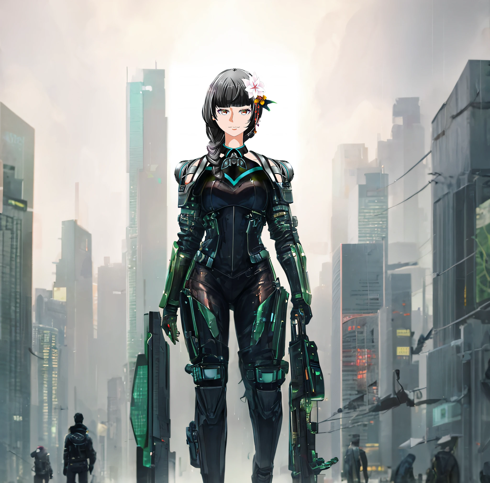 Female warrior in shining metallic green, Combat suit in a heavy dress shining red and white、Wearing an aura、Cyberpunk cities of the near future、highrise buildings、rainy evening、