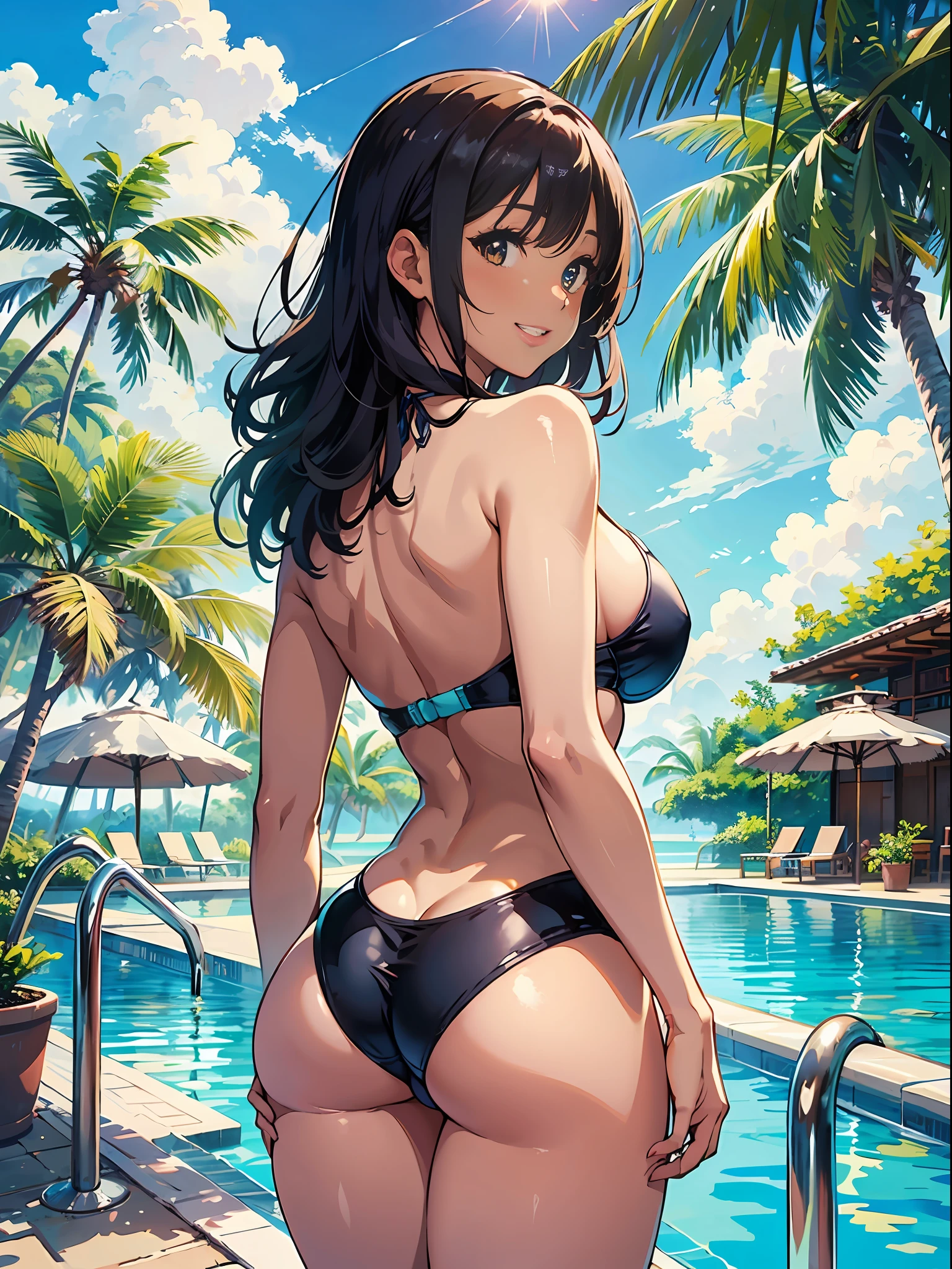 masterpiece、ultra-quality、ultra-detailliert、Perfect drawing、Solo、girl with、((Cute swimsuit))、Pastel Color Micro Bikini((High leg cut:1.5))、(round and big buttocks)、((Pose with buttocks sticking out))、(((bulging bust top)))、(ample breasts:1.5)、(red blush:0.2)、perspiring、(darkskin:1.3)、(Cute smile)、25-years old、plein air、blue-sky、cumulonimbus clouds、glowing sun、resort hotel、Tropical、Pool Resort、(Shot from diagonally below the back)、beatiful backgrounds、Accurate drawing、Detailed drawing、high-class sense、Sense of openness、