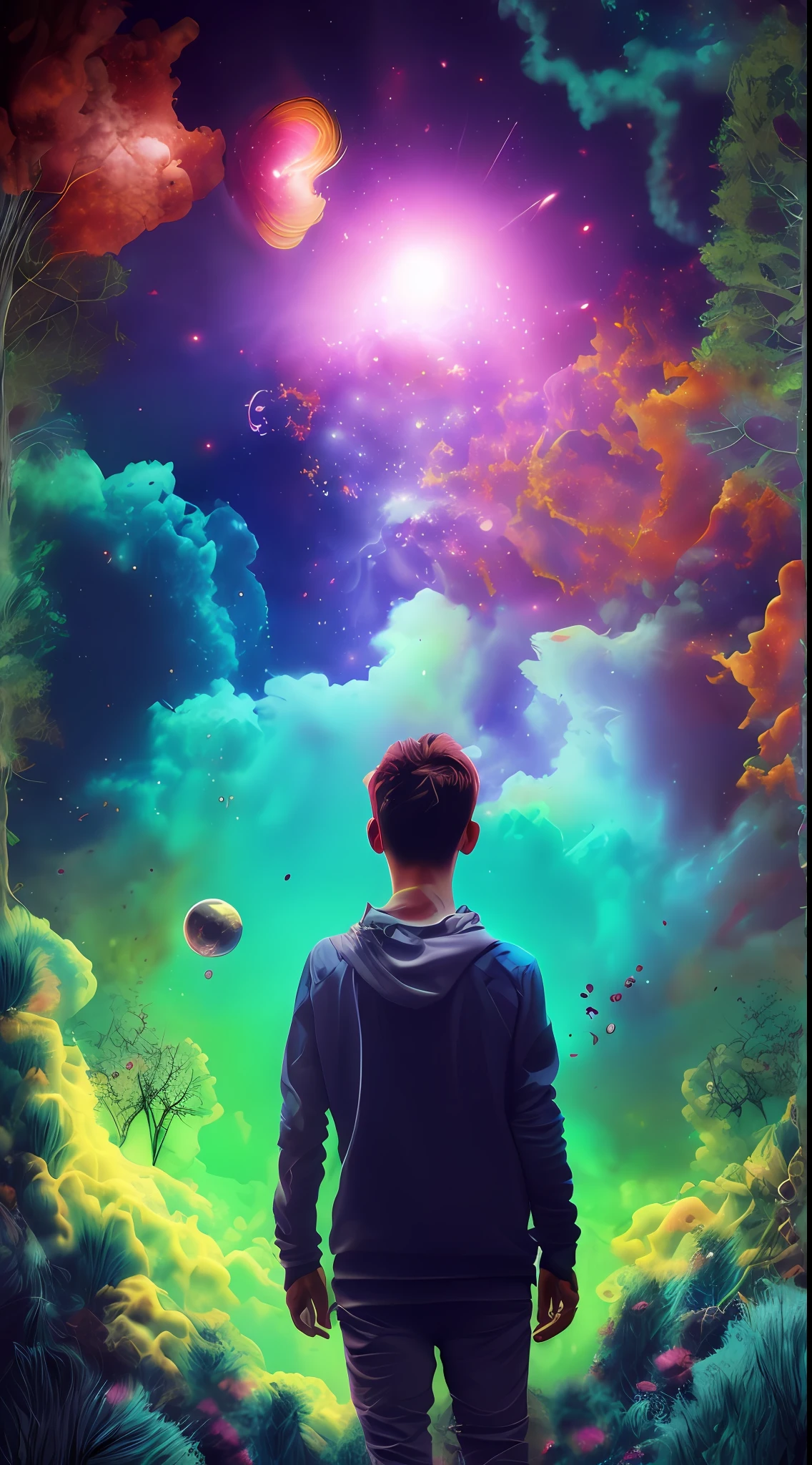 Incredible and spectacular scene, a "((high quality)), (detailed)), ((fantasy)), illustration, perspective (45 degree tilt angle), theme (enchanted forest style), scene elements (handsome boy, beautiful girl), picture quality (3D rendering effect), exquisite details, beautiful lights "emerge from glowing clouds, fractal nebula lines, cosmic entities, celestial bodies, universes, vibrant and vivid, swirling, rotating, impractical, high contrast, co-metabolic, magical, mysterious, mysterious, surreal, Oversaturated, colorful