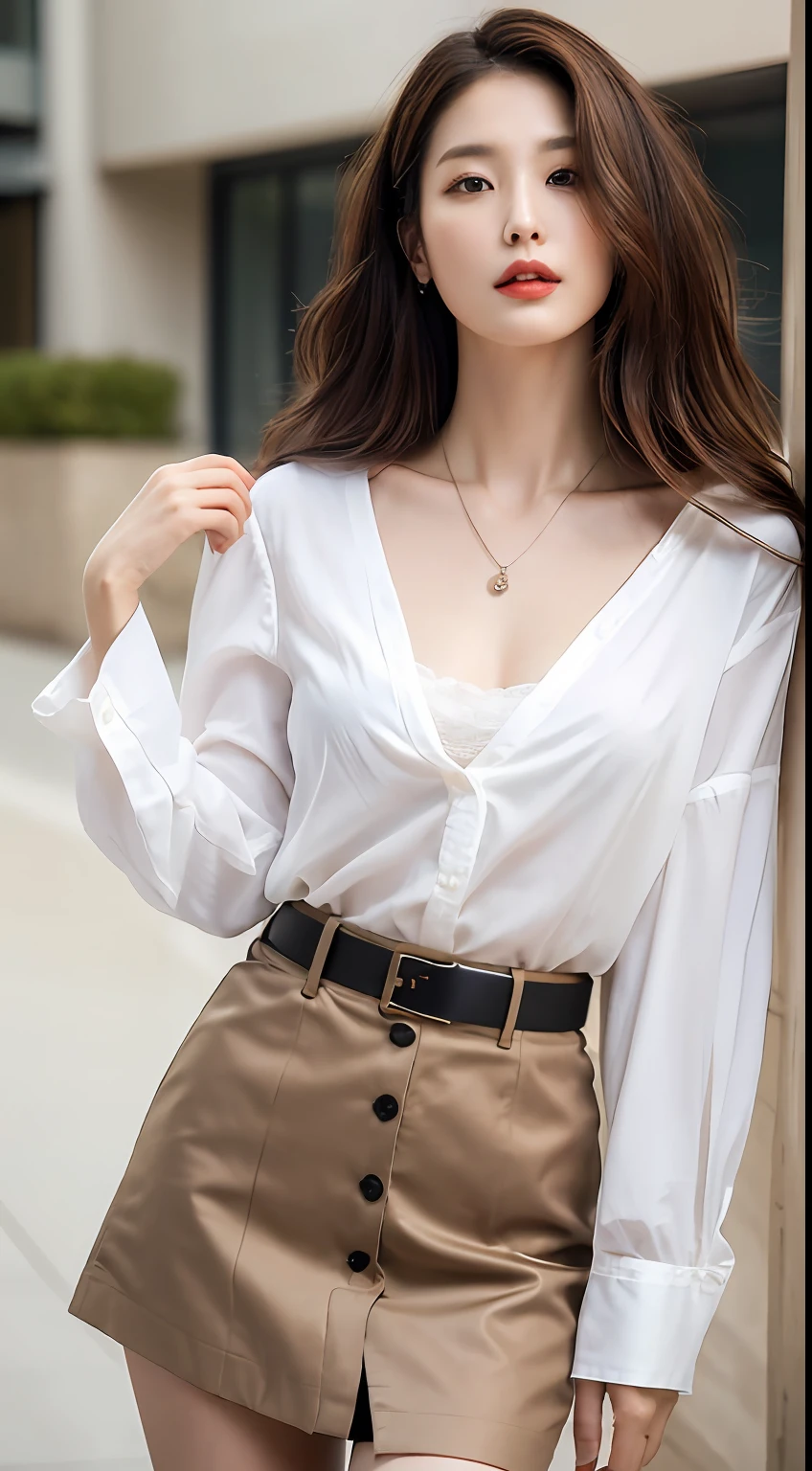 (Best quality, High resolution, Masterpiece :1.3), A tall and pretty woman, Slender abs, Dark brown hair styled in loose waves, Breasts, Wearing pendant, White button up shirt, Belt, Black skirt, (Modern architecture in background), Details exquisitely rendered in the face and skin texture, Detailed eyes, Double eyelid