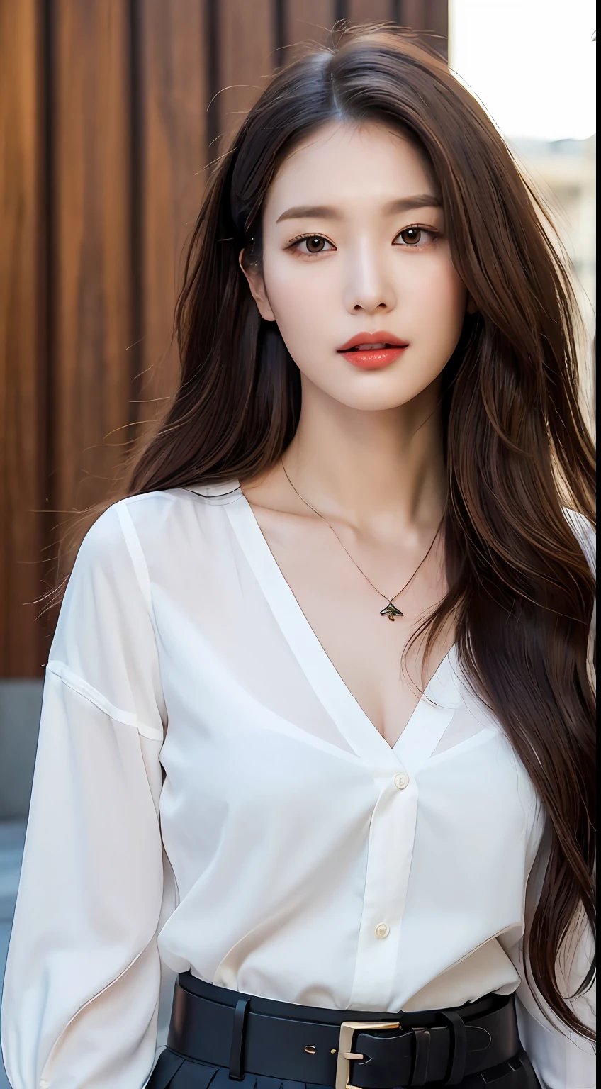 (Best quality, High resolution, Masterpiece :1.3), A tall and pretty woman, Slender abs, Dark brown hair styled in loose waves, Breasts, Wearing pendant, White button up shirt, Belt, Black skirt, (Modern architecture in background), Details exquisitely rendered in the face and skin texture, Detailed eyes, Double eyelid