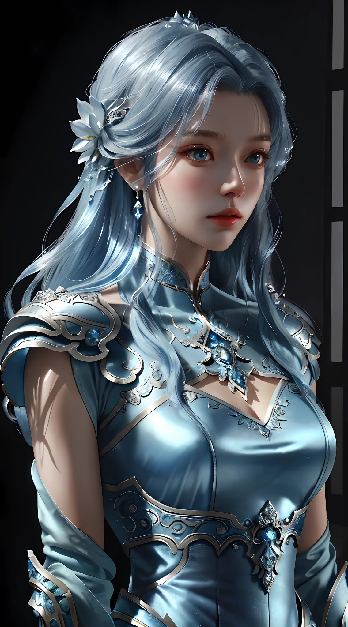 a close up of a woman in a silver and blue dress, chengwei pan on artstation, by Yang J, detailed fantasy art, stunning character art, fanart best artstation, epic exquisite character art, beautiful armor, extremely detailed artgerm, detailed digital anime art, artgerm on artstation pixiv, armor girl