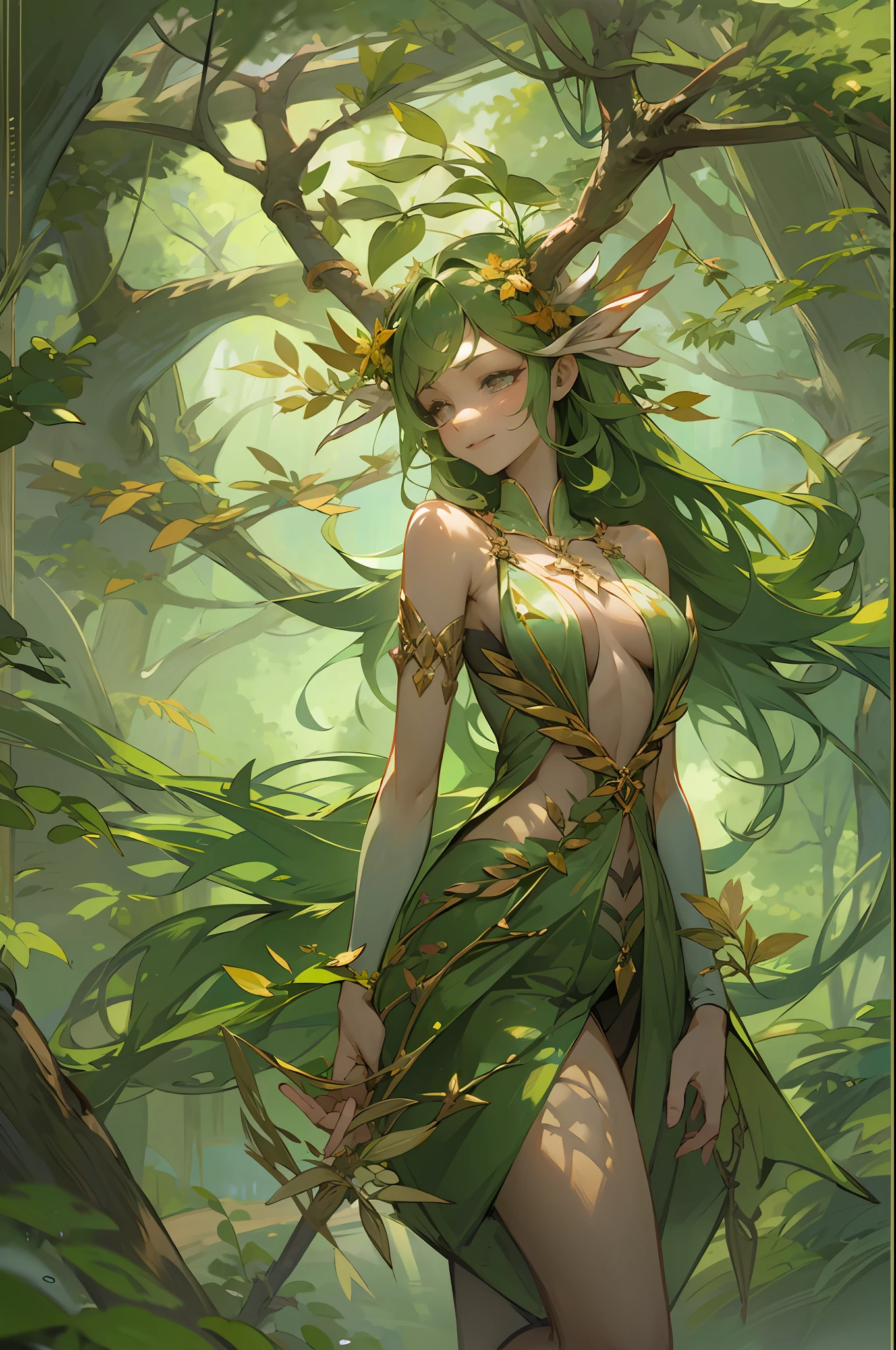 masterpiece, top-quality, 1 dryad、Slim body、small tits、exceptionally detailed anatomy, Leaf clothes、large leaves on the head,、lovely, emotive, Charming, Bewitching、World Tree、Fantastical、Slim body、small tits、beautiful countenance、Tree Spirit、In the deep forest、Nymphs、myth 、PsyAI、Dynamic angles