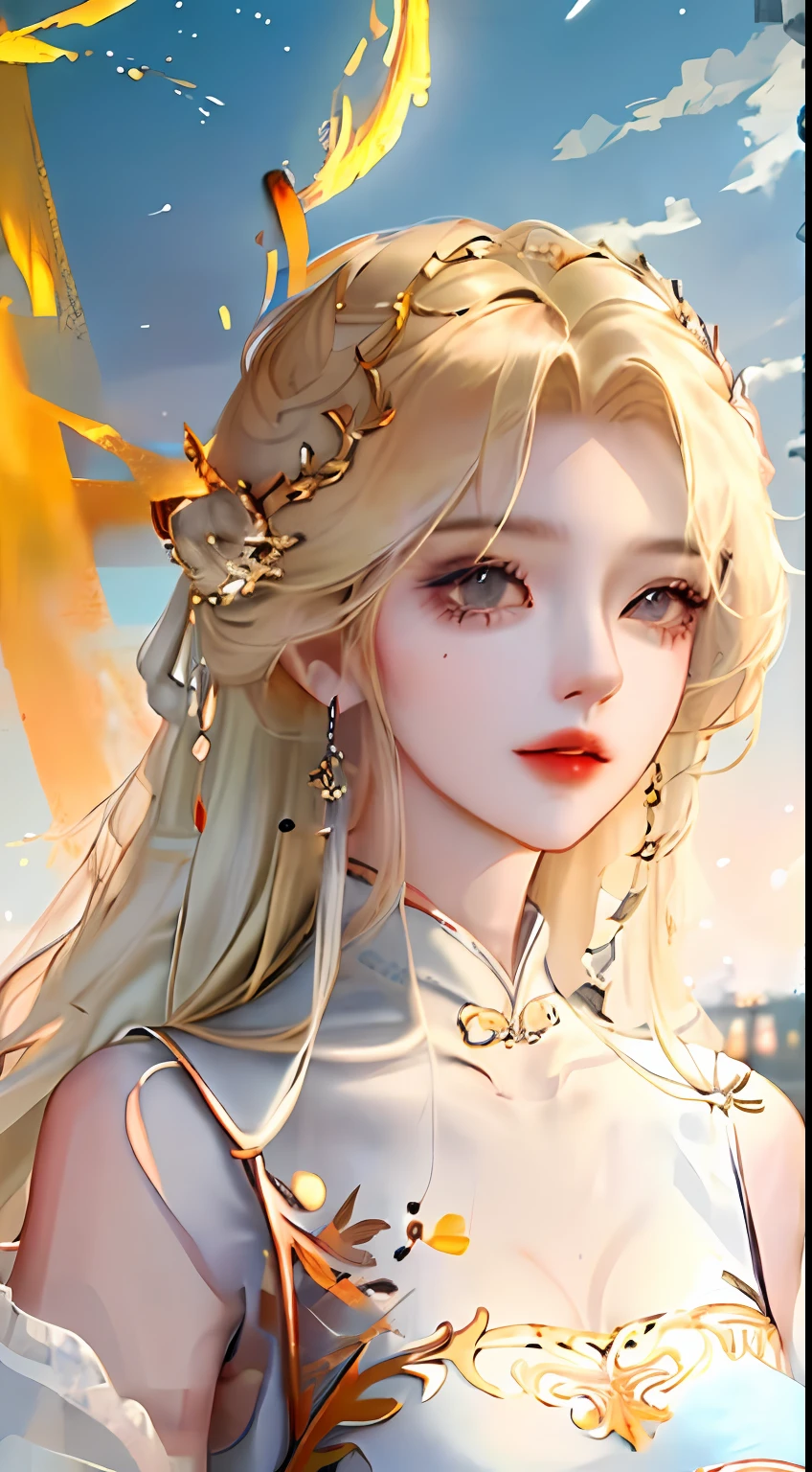 best qualtiy, tmasterpiece, A high resolution, 1girll, A woman holds a fan, Ancient Chinese battlefield background, Ancient folding fan,hair adornments, choker necklace, jewely, beauitful face, after sexing_Body, Tyndall effect, realisticlying, Dark Studio, edge lit, twotonelighting, (highdetailskin:1.2), 8K UHD, digital SLR camera, gentle illumination, high high quality, Volumetriclighting, Frankness, photore, A high resolution, 4K, 8K, Bokeh, Ancient metal spears, Embroidered phoenix on the chest,Bare arms,Short wrist guards,stocklings,arma,Purple attire,full bodyesbian,Faraway view,Present a picture of a long-range pose, Full body like,bazaars,the street,Skysky,Ancient architectural background
