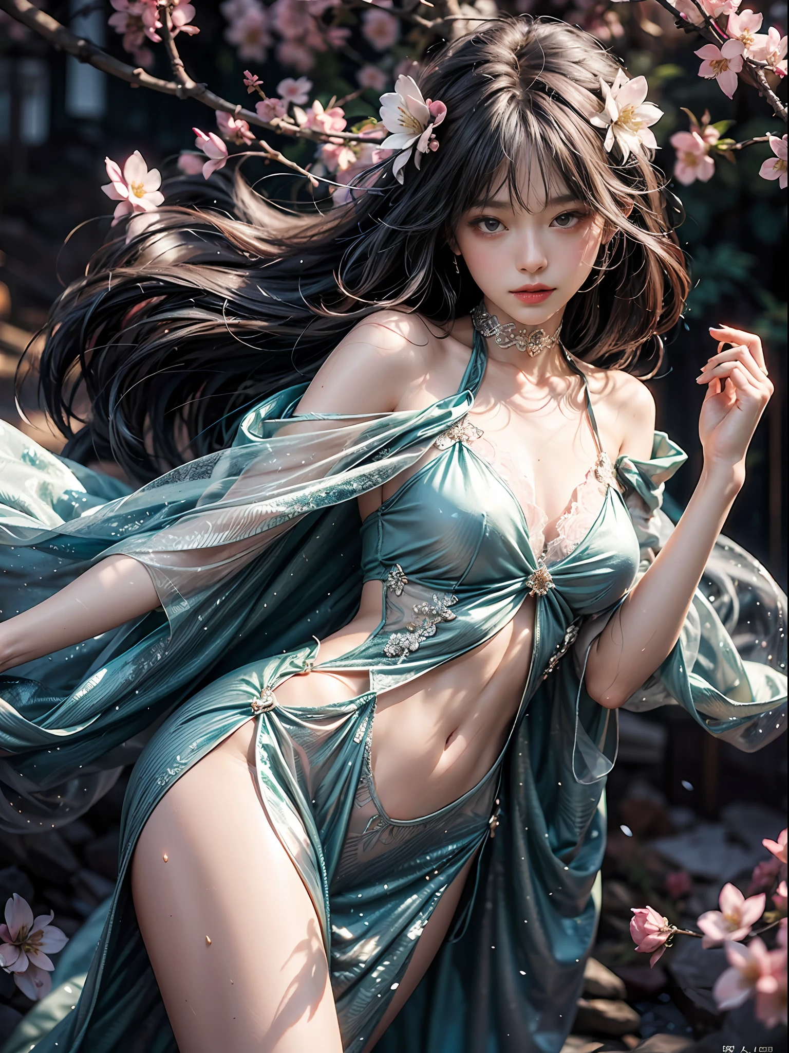 loose outfit、Show shoulders、Glossy silver see-through dress、How to wear a shiny silver gown、Decorated with intricate patterns and bright colors、Transparent material that makes the skin shine、Artistic depiction of seductive woman in gown with wet thin cloth and transparent skin, Floral and fantastic pattern with flowing silky traditional see-through skin。Her dress draped elegantly around her curvaceous figure、Emphasizes her charming silhouette。She's a gentle fireworks night、Dynamic Posing、Sexy Posing、bathed in the soft glow of moonlight。The scene is、With a hint of mystery and sensuality、It exudes an ethereal dreamy atmosphere。The image style is、Incorporates a blend of watercolor and digital illustration techniques.、It makes you feel delicate beauty and charm。Soft moonlit lighting、Cast gentle highlights and shadows on her mesmerizing features。Dynamic Posing、Bold poses、The hand is somewhere、see -through、show through、A sexy、Wet hair、Wet、(cherry trees、flower petals、cherryblossom、The cherry tree、Sakura Snowstorm 1.5)、buried、Transparent skin、Wet clothes、(Chest 1.2)、Navel Ejection、Swaying in the wind、Burgundy、pale red、(Slouch 1.5)、Lace colors、lace choker、a choker、Lie on your back on the surface of the water、