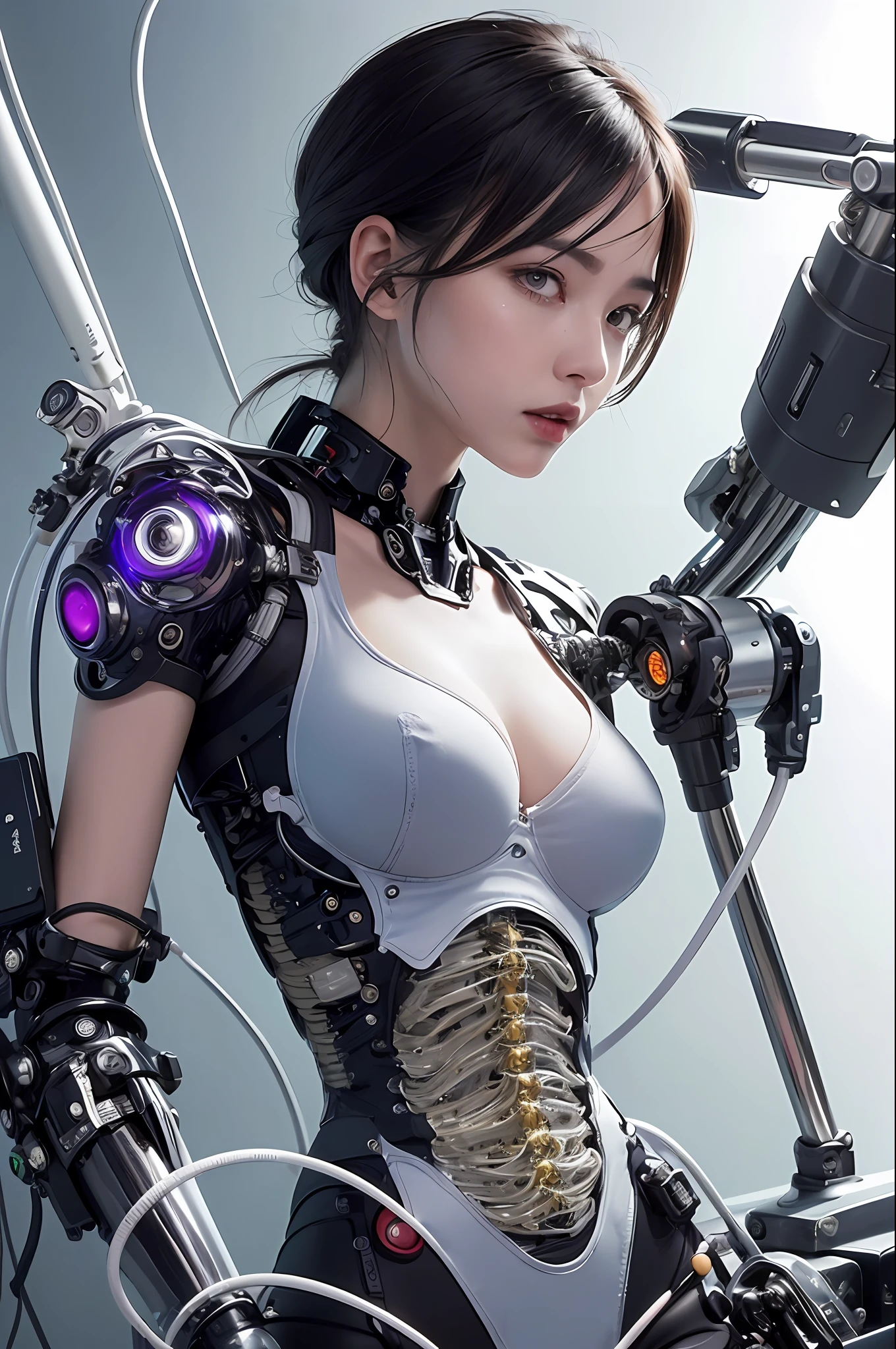 ((masterpiece))), (((Top image quality))), ((ultra-detailliert)), (High Definition Computer Illustration), ((extremely delicate and beautiful)),(from side),Cinematic light, ((1 Machine Girl)), 独奏, full bodyesbian, (Mechanical joints: 1.2), ((Mechanical limbs)), (blood vessels connected to tubes), (Mechanical vertebrae attached to the back), ((Mechanical cervical neck attached)),(Close the camera),deadpan,(Wires and cables attached to the neck:1.2),(wires and cables on the head:1.2)(charactor focus)、((SF))、ighly detailed、As detailed as possible、1girl in、(years)、(Black short hair)、a purple eye、(((White lighting)))、(White cable:1.4)、(((mirai)))、((cyborgs))、A futuristic、huge tit、The cleavage is visible、